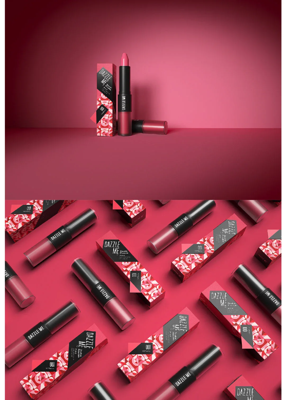 玫红背景中的 DAZZLE ME 唇部产品与几何图案包装组合