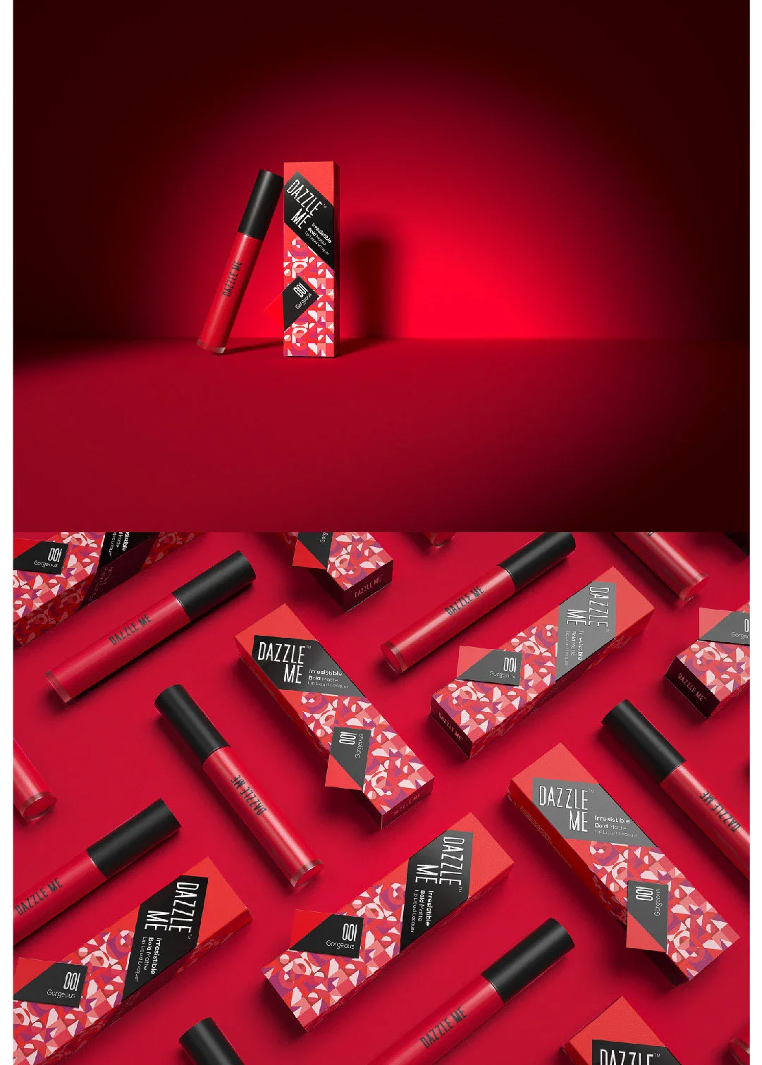 红色背景中的 DAZZLE ME 唇部产品、包装盒与平铺组合