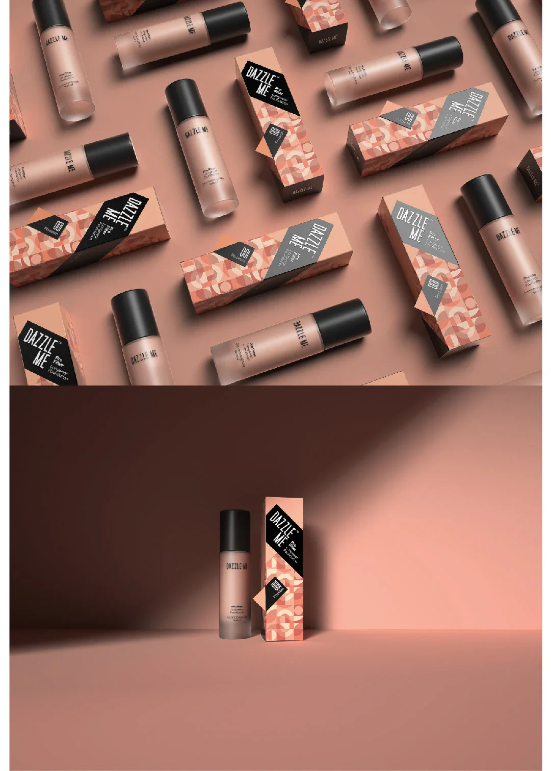 裸粉色背景中的 DAZZLE ME 底妆产品与几何图案包装组合