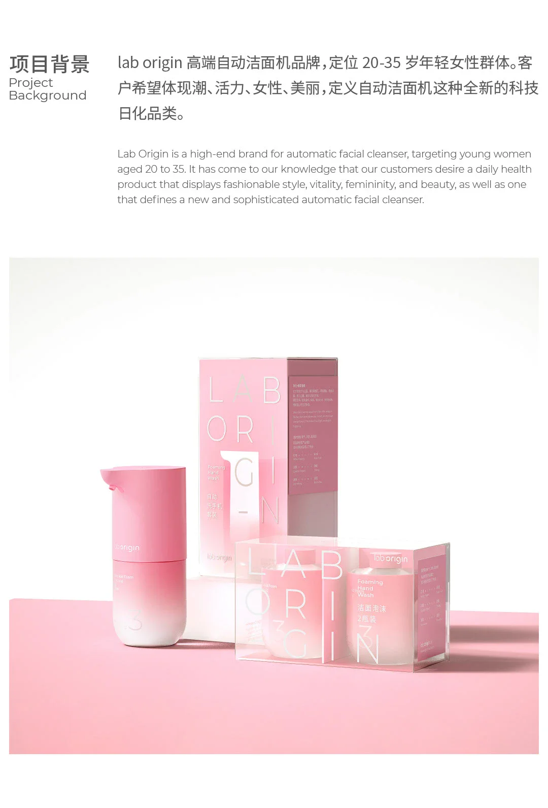 粉色背景中的 Lab Origin 洁面产品、透明外盒与包装盒组合