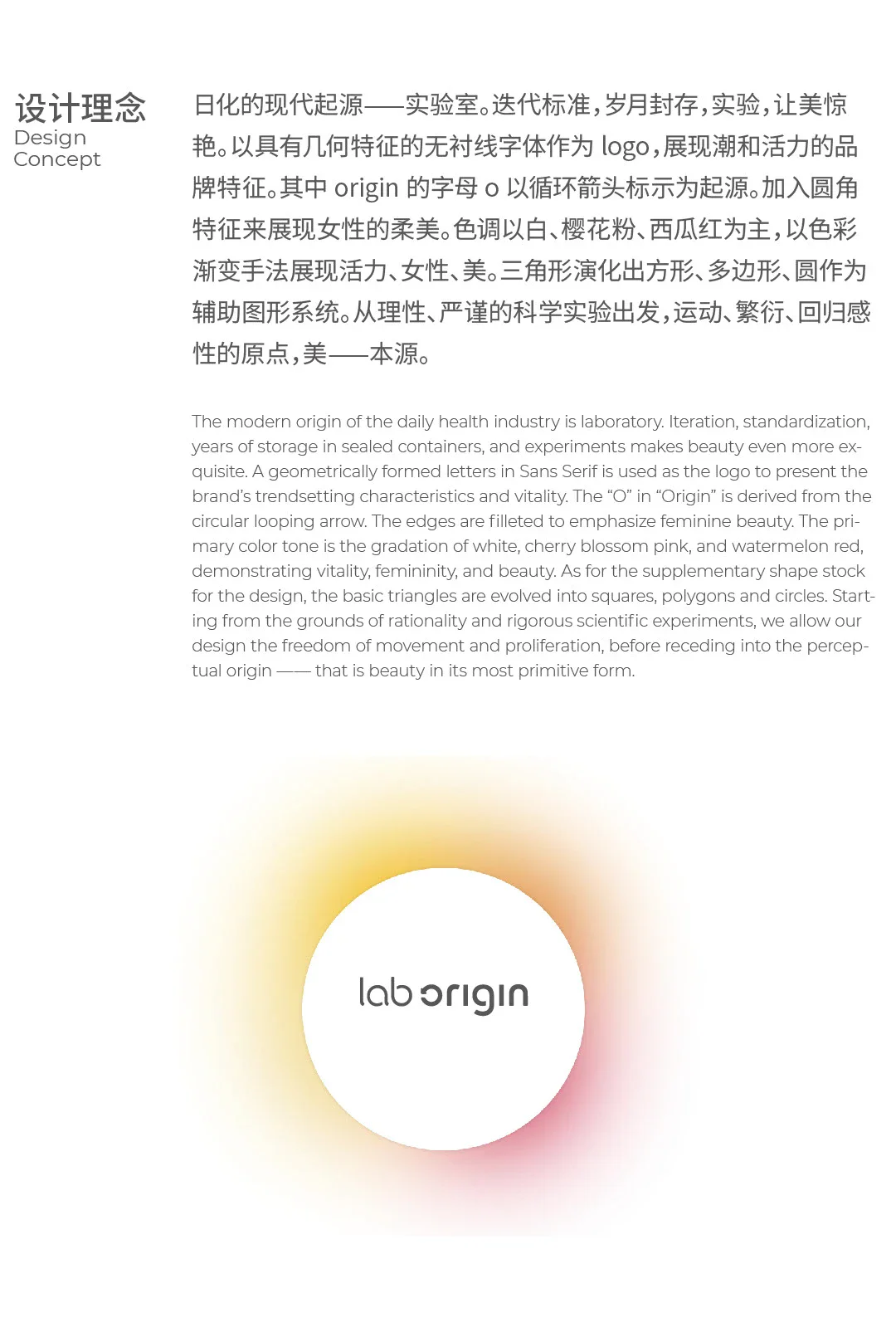Lab Origin 品牌设计理念与渐变标志展示版面