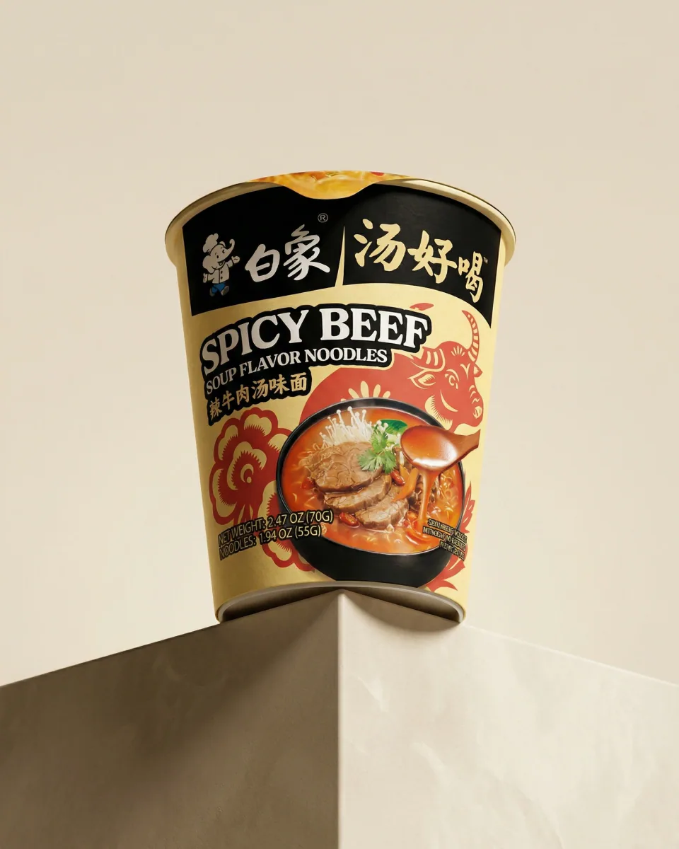 浅米色背景中倾斜展示的白象汤好喝香辣牛肉味国际版杯面包装