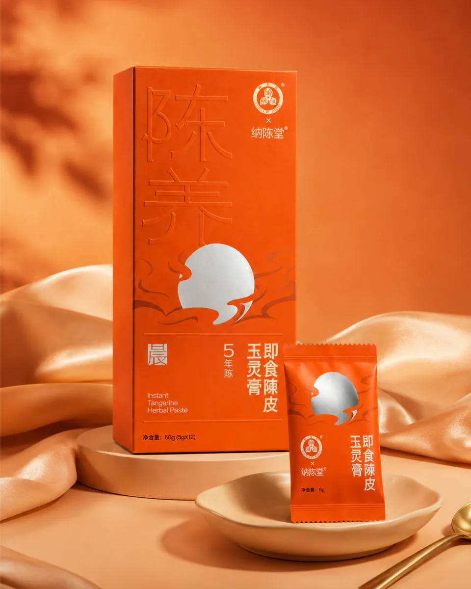 橙色丝绸与瓷盘场景中的玉灵膏陈皮膏礼盒和单条装