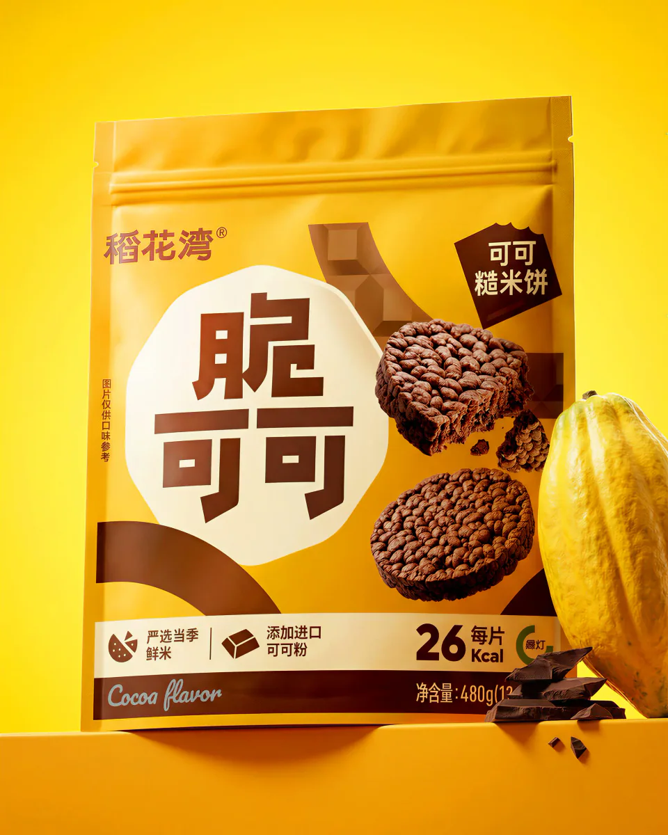 黄色背景中陈列的稻花湾脆可可糙米饼大包装、可可果和巧克力