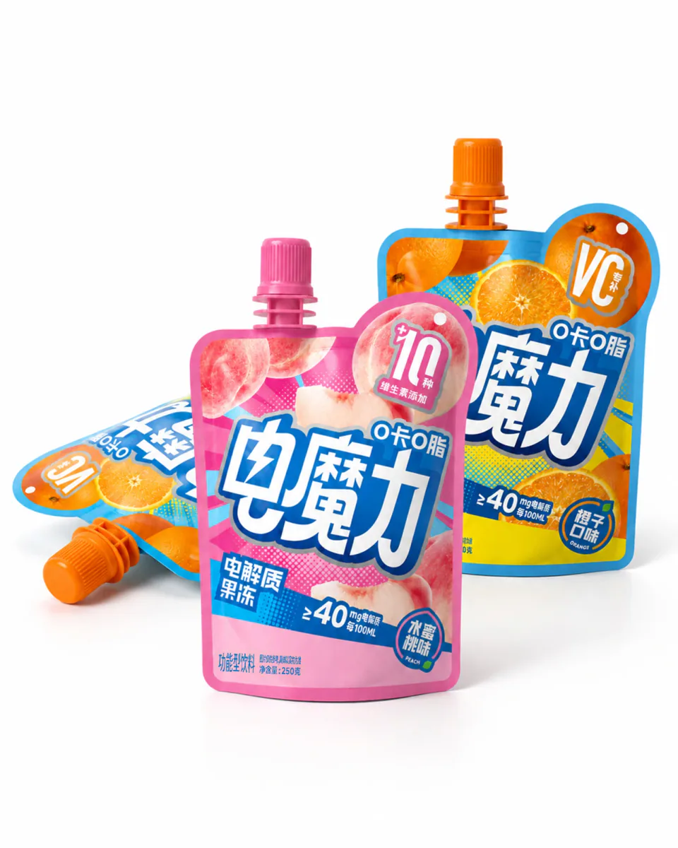 白色背景中陈列的水蜜桃味与橙子味电解质吸吸冻包装组合