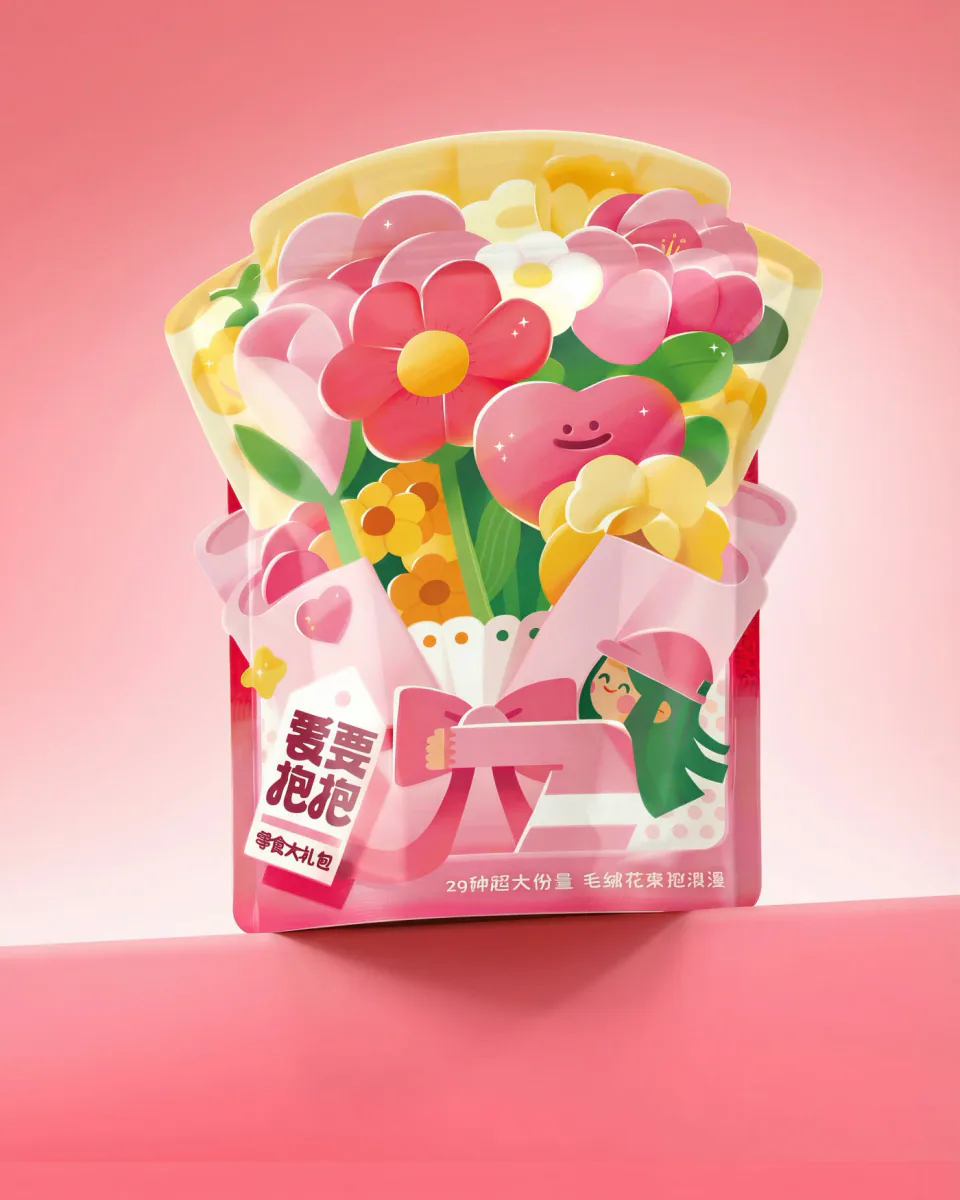 粉色背景中的爱要抱抱花束式零食大礼包