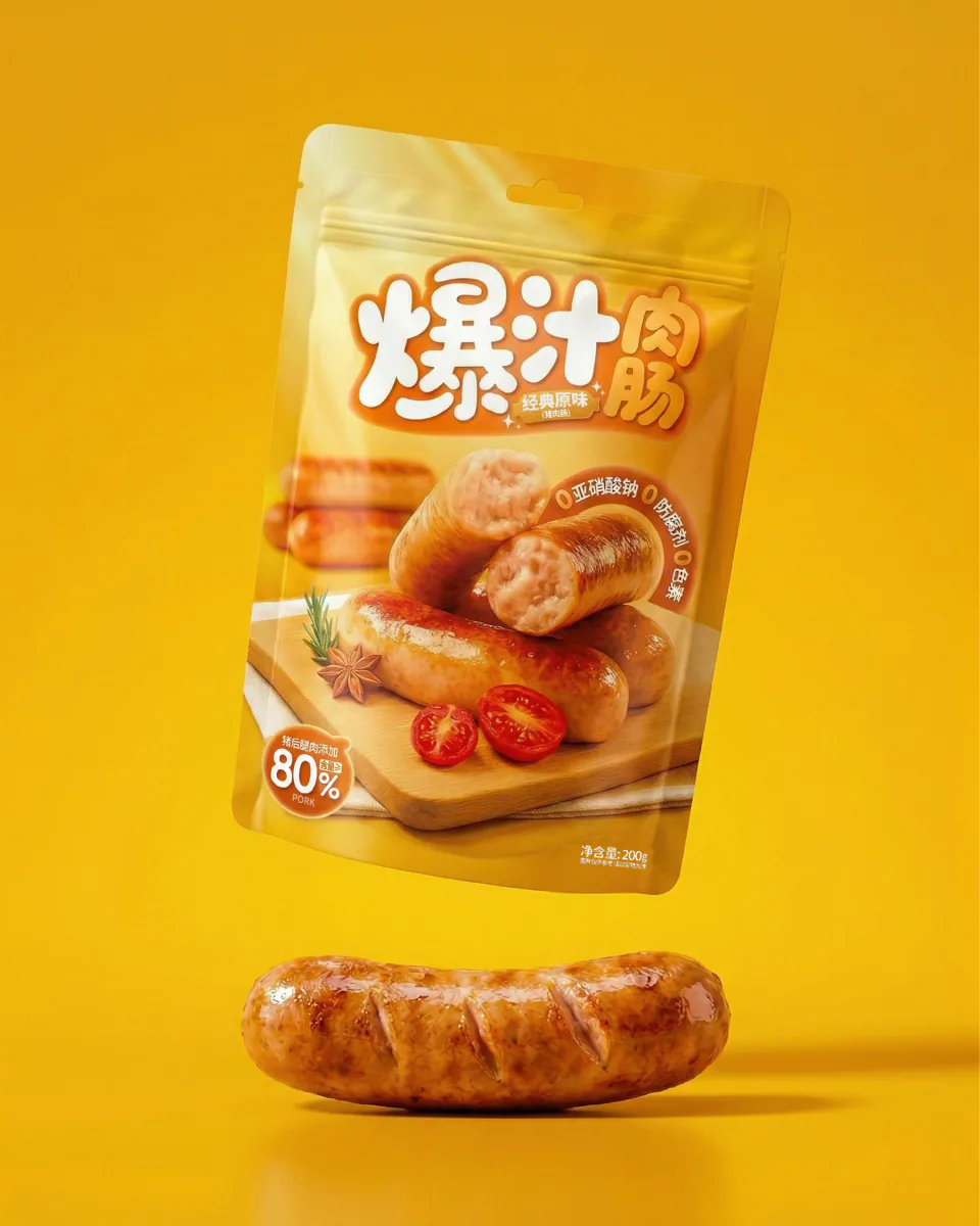 黄色背景中的爆汁肠单袋包装