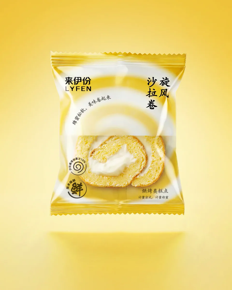黄色背景中正面展示的来伊份旋风沙拉卷单袋包装