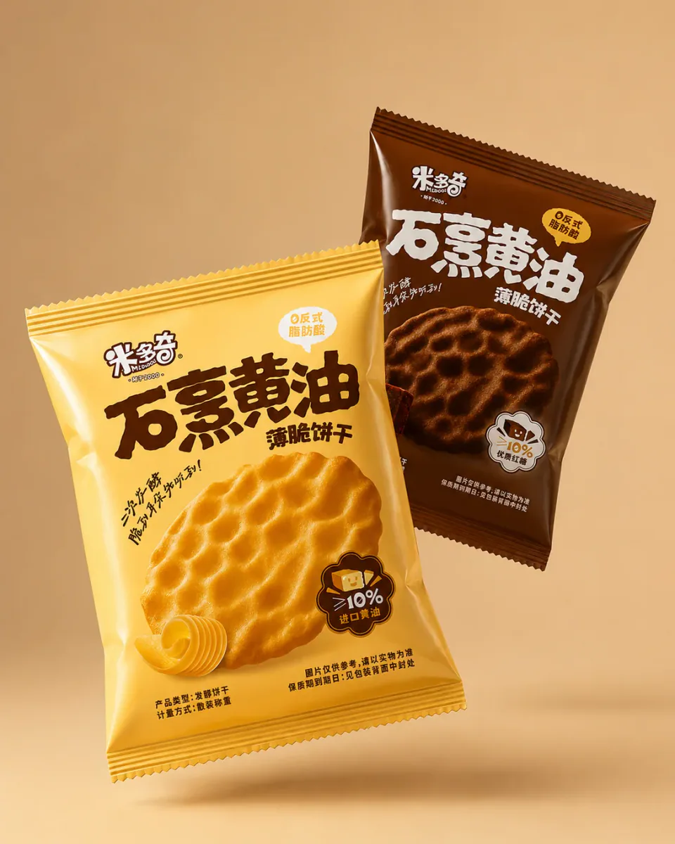 米色背景中前后摆放的米多奇石烹黄油与石烹红糖薄脆饼干包装