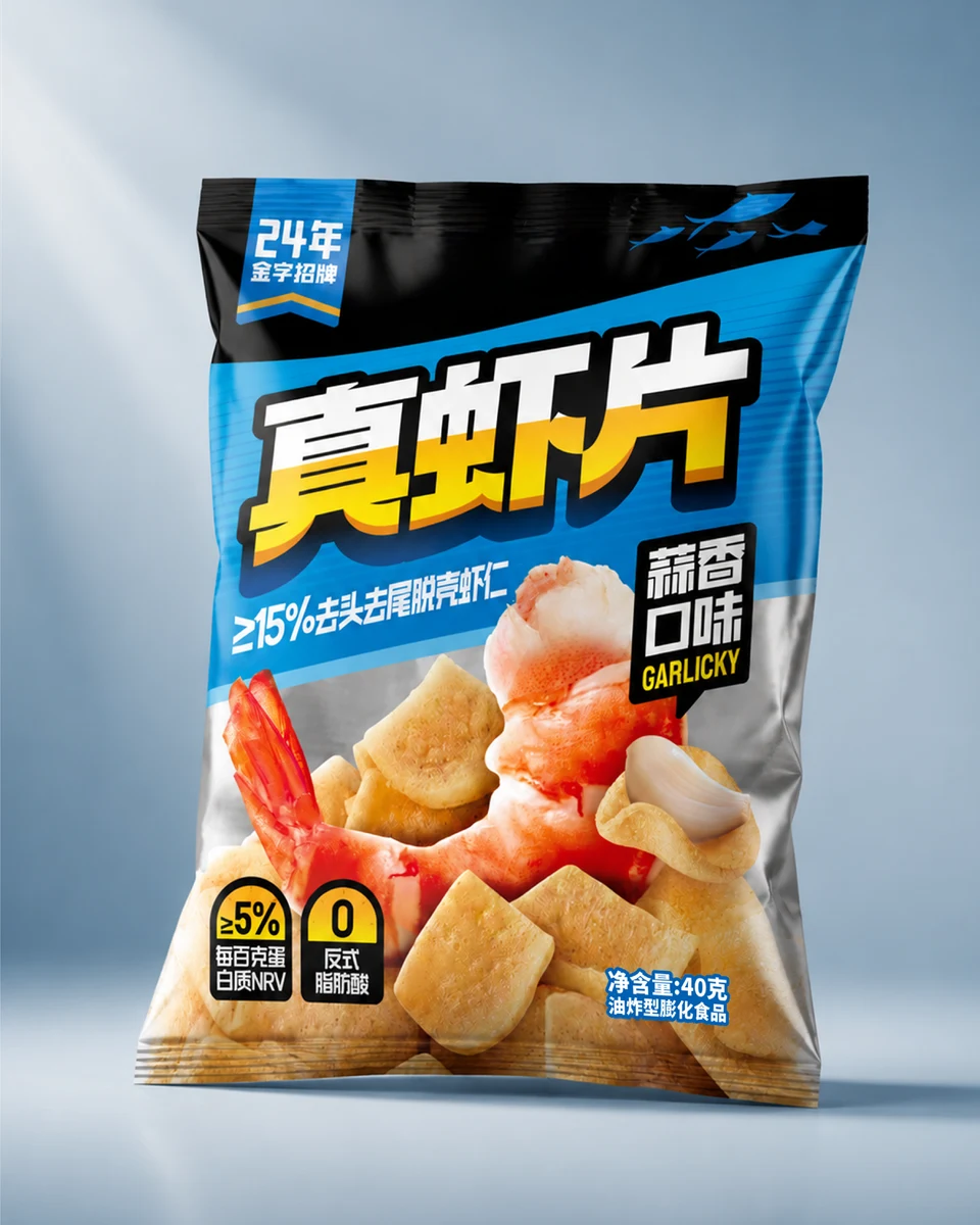 蓝灰渐变背景中正面展示的蒜香口味真虾片包装
