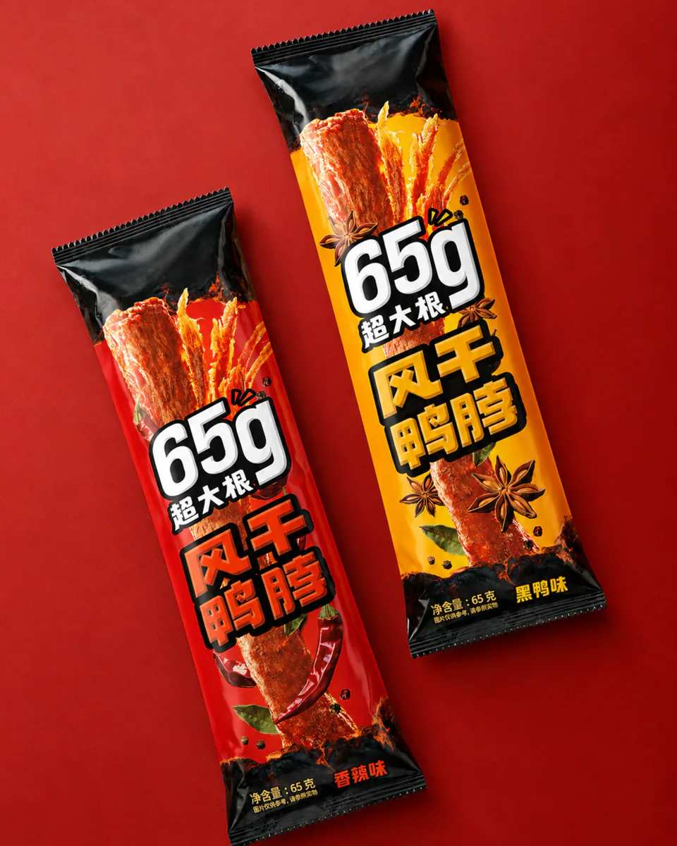 暗红背景上斜放的红色和黄色65g超大根鸭脖包装