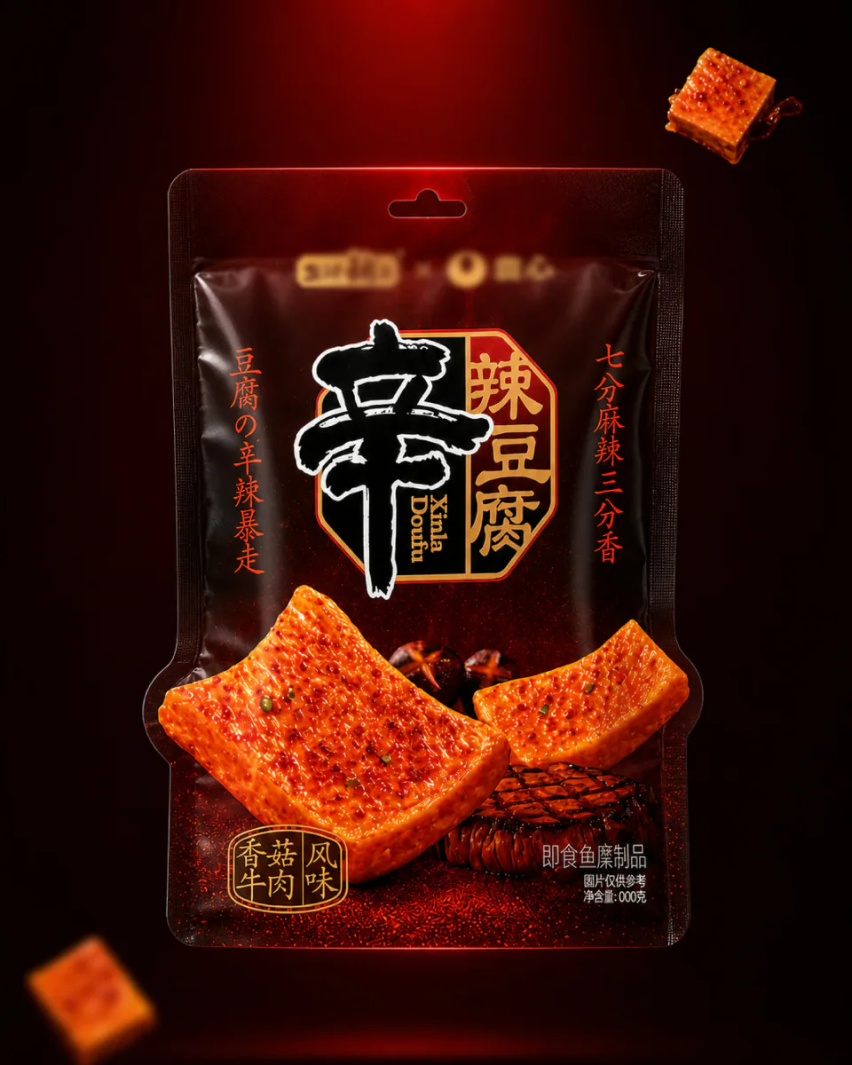 红黑色背景中正面展示的辛辣豆腐联名包装