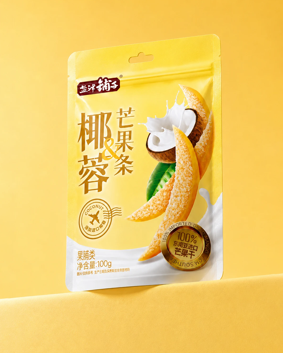 黄色背景中的椰果芒果柔蓉单袋包装