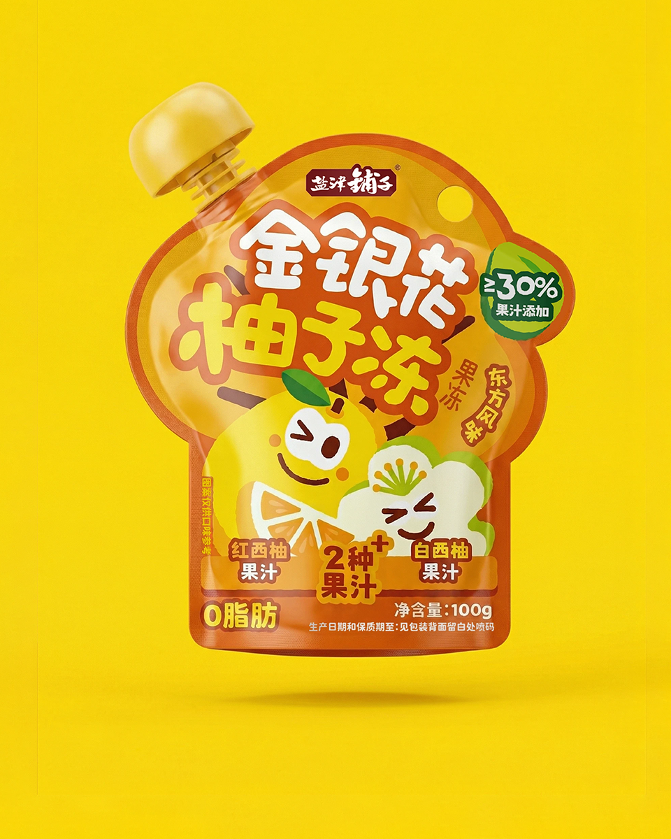 黄色背景中的橙黄色金银花柚子冻吸嘴袋与柚子花朵卡通