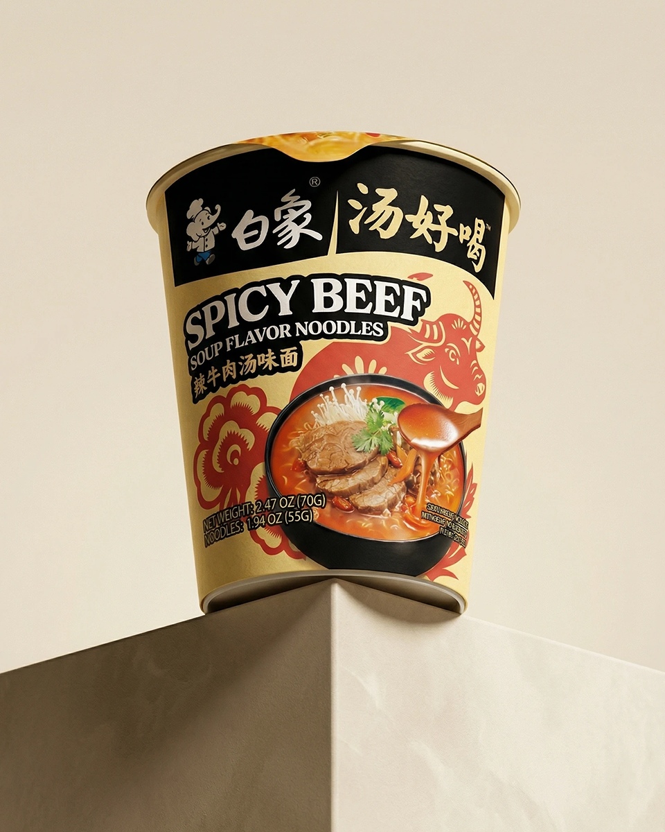 浅米色背景中倾斜展示的白象汤好喝香辣牛肉味国际版杯面包装
