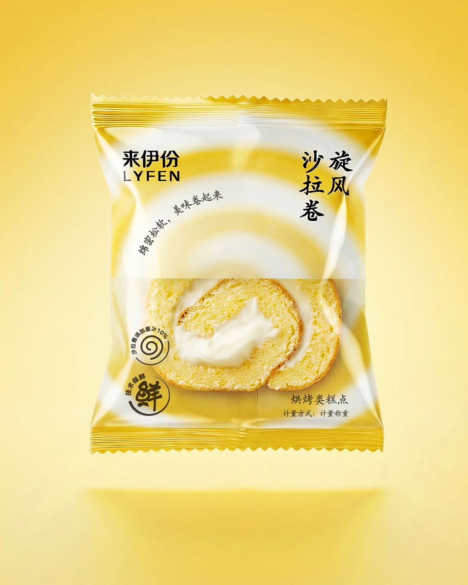 黄色背景中正面展示的来伊份旋风沙拉卷单袋包装