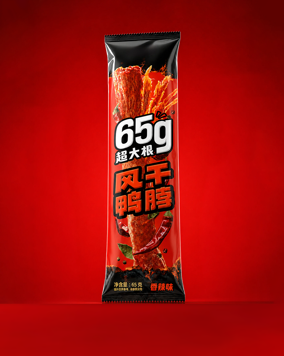 红色背景中完整正面展示的单根65g香辣味风干鸭脖包装与接触阴影