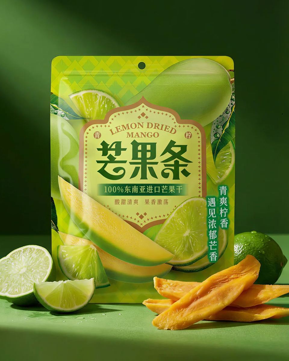 绿色背景中的芒果条单袋包装