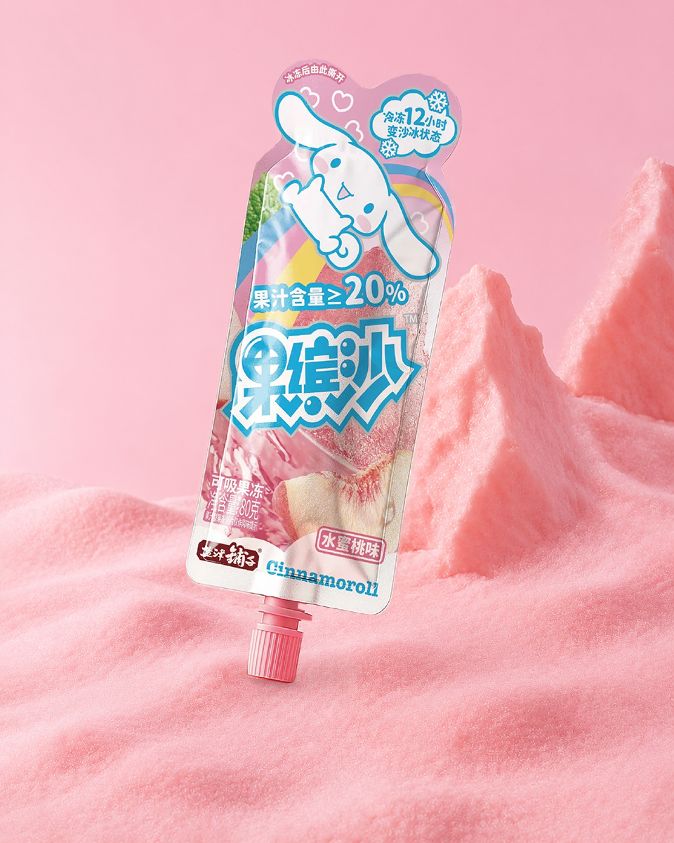 粉色背景与粉色冰沙前景中的大耳狗果缤沙袋装产品