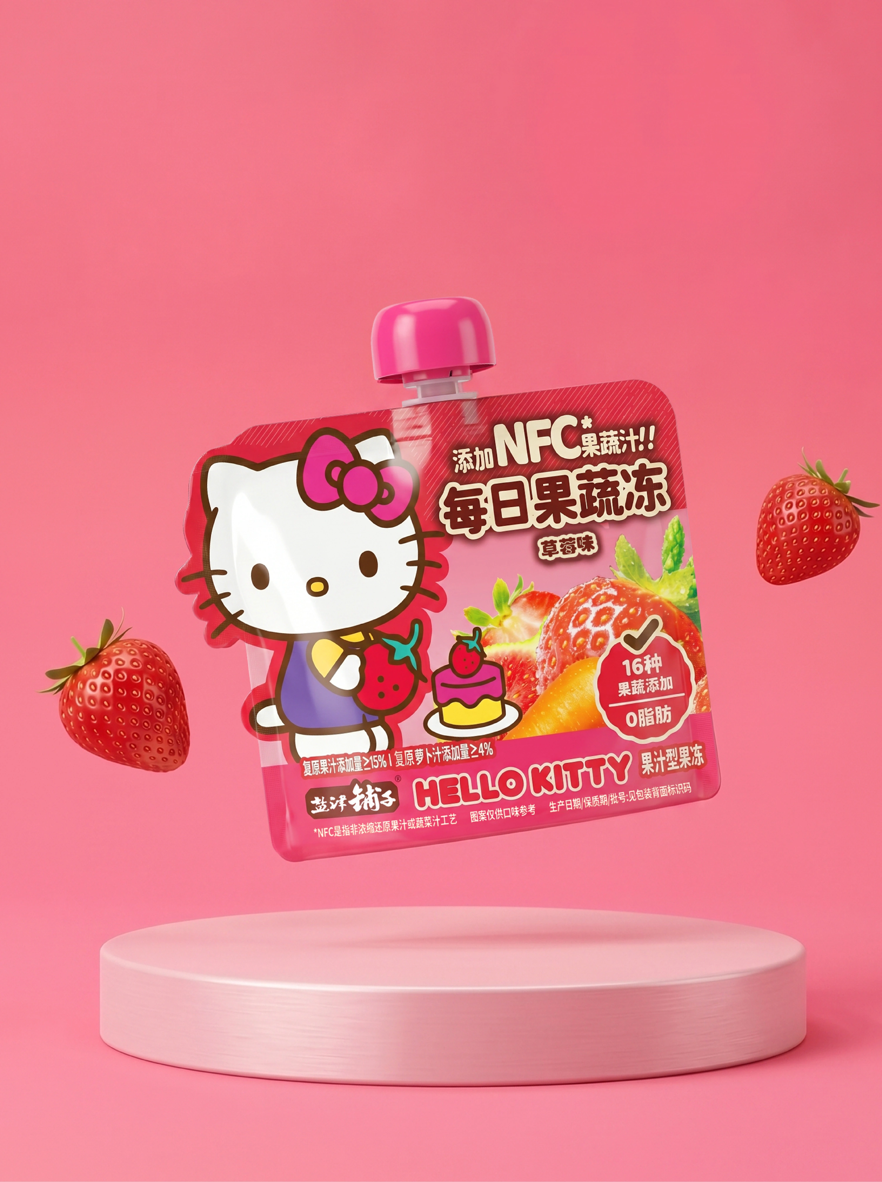 粉色台面上的Hello Kitty草莓味每日果蔬冻横袋