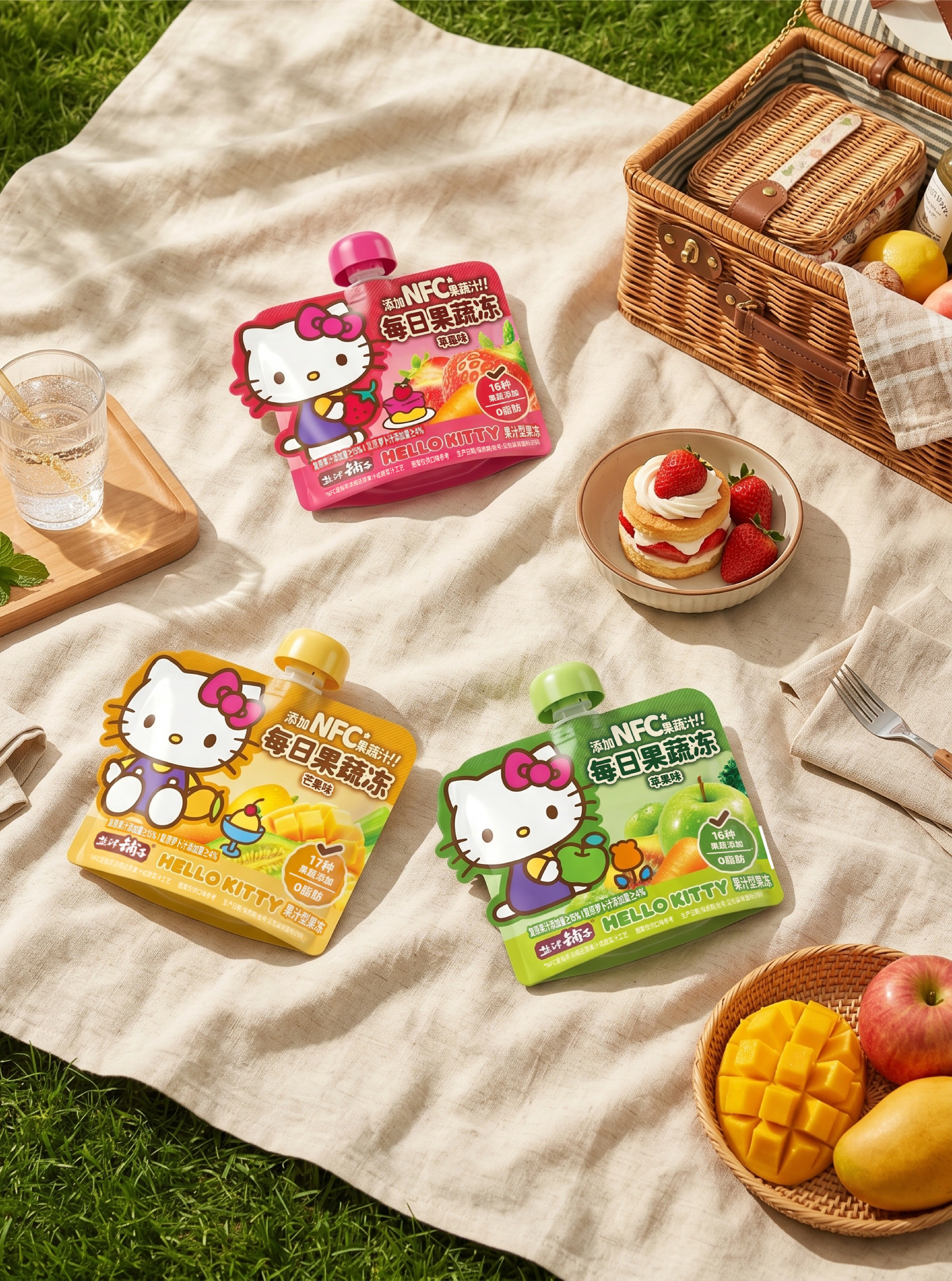野餐场景中的三口味Hello Kitty每日果蔬冻横袋