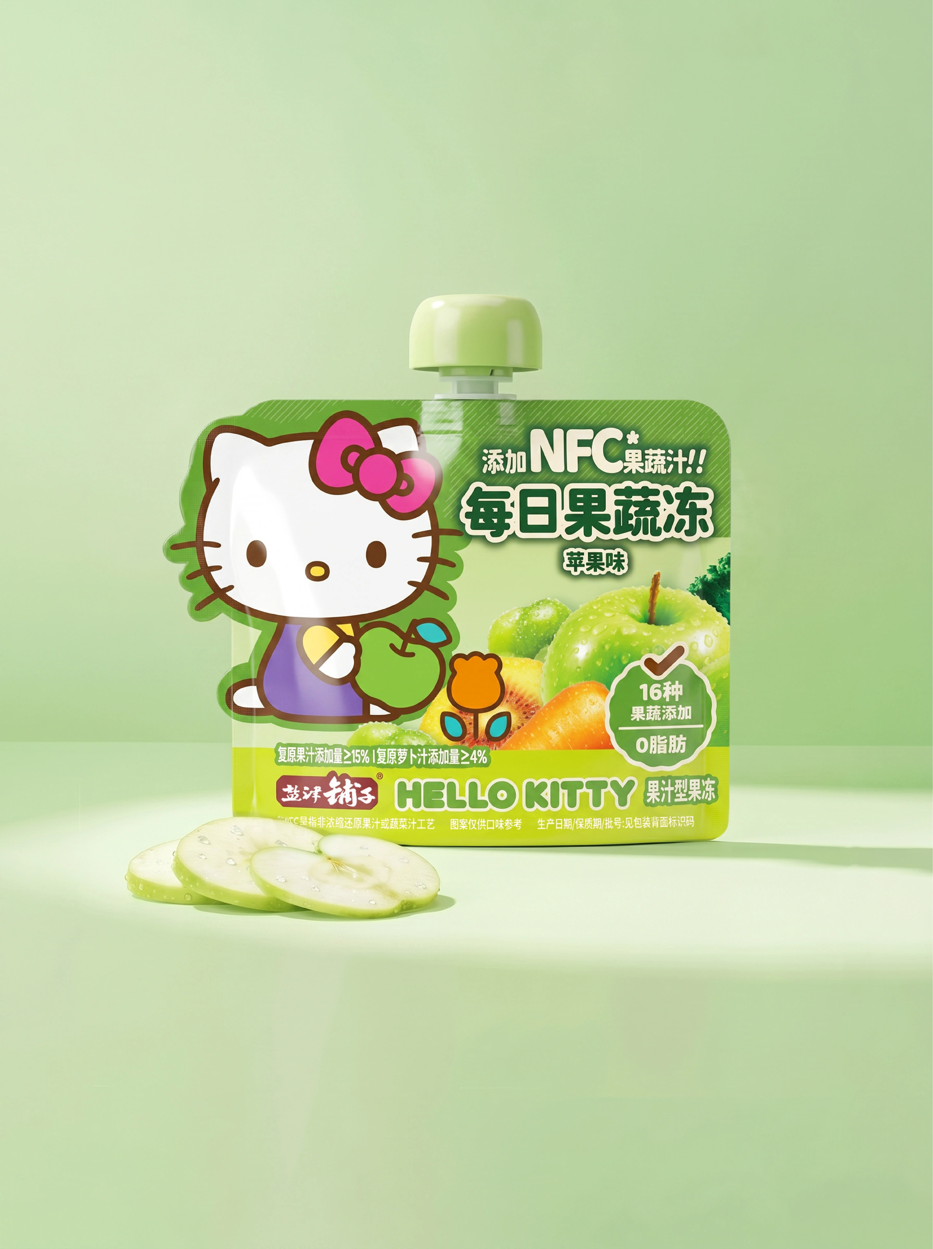 绿色场景中的Hello Kitty苹果味每日果蔬冻横袋