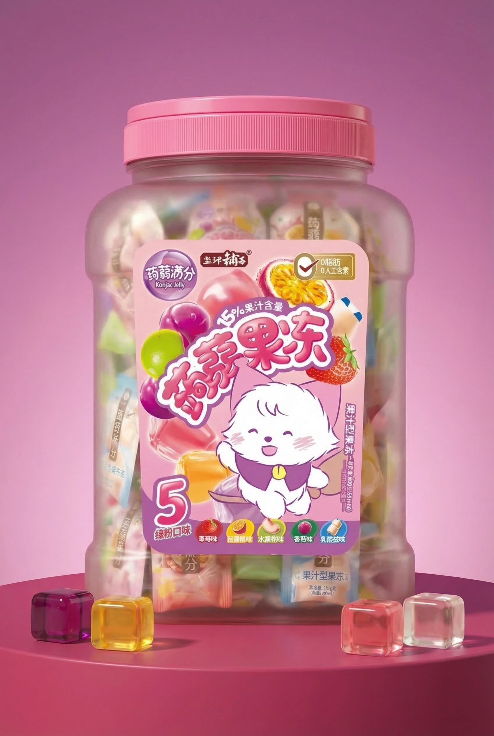 透明罐蒟蒻果冻与彩色果冻块陈列