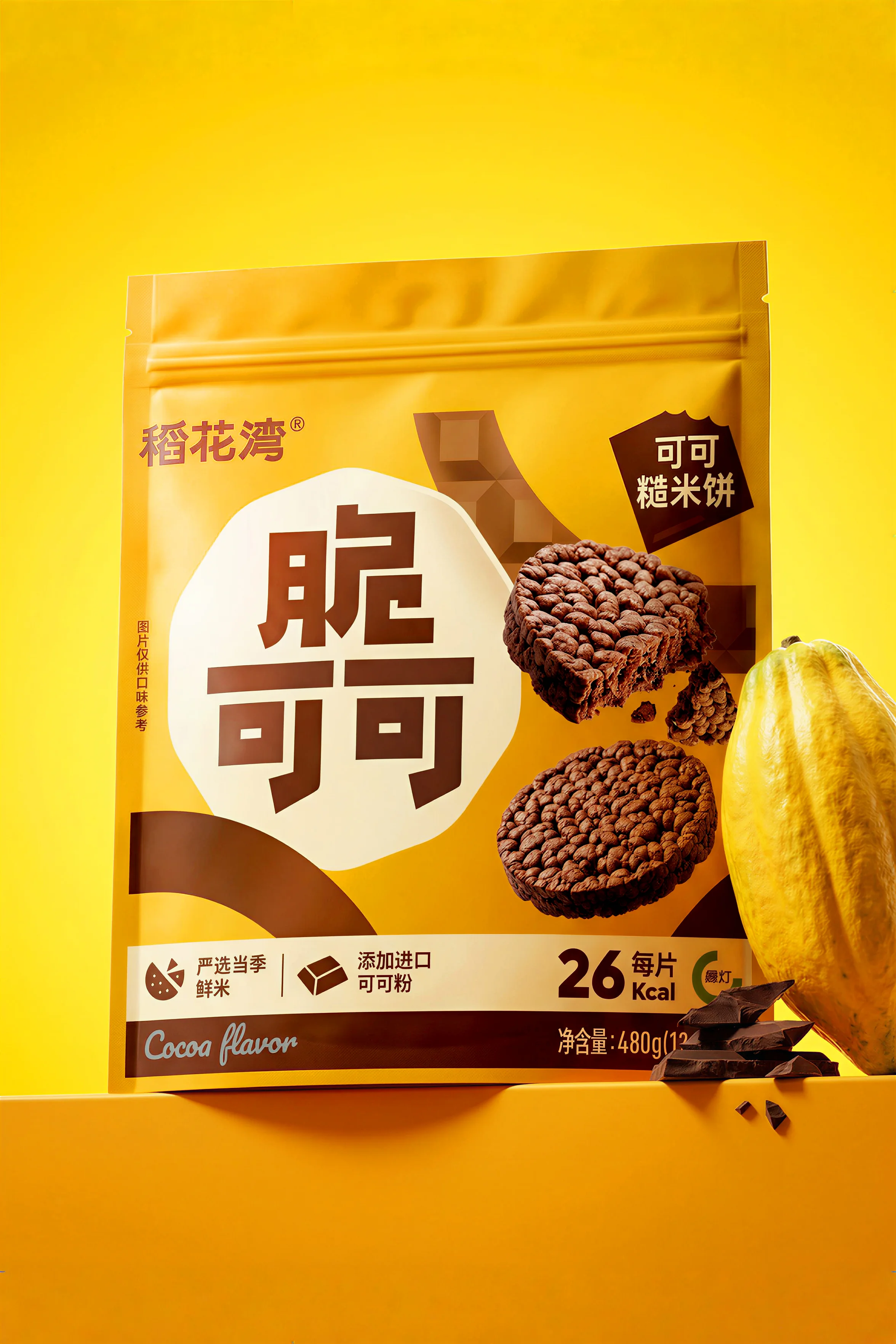 黄色背景中陈列的稻花湾脆可可糙米饼大包装、可可果和巧克力