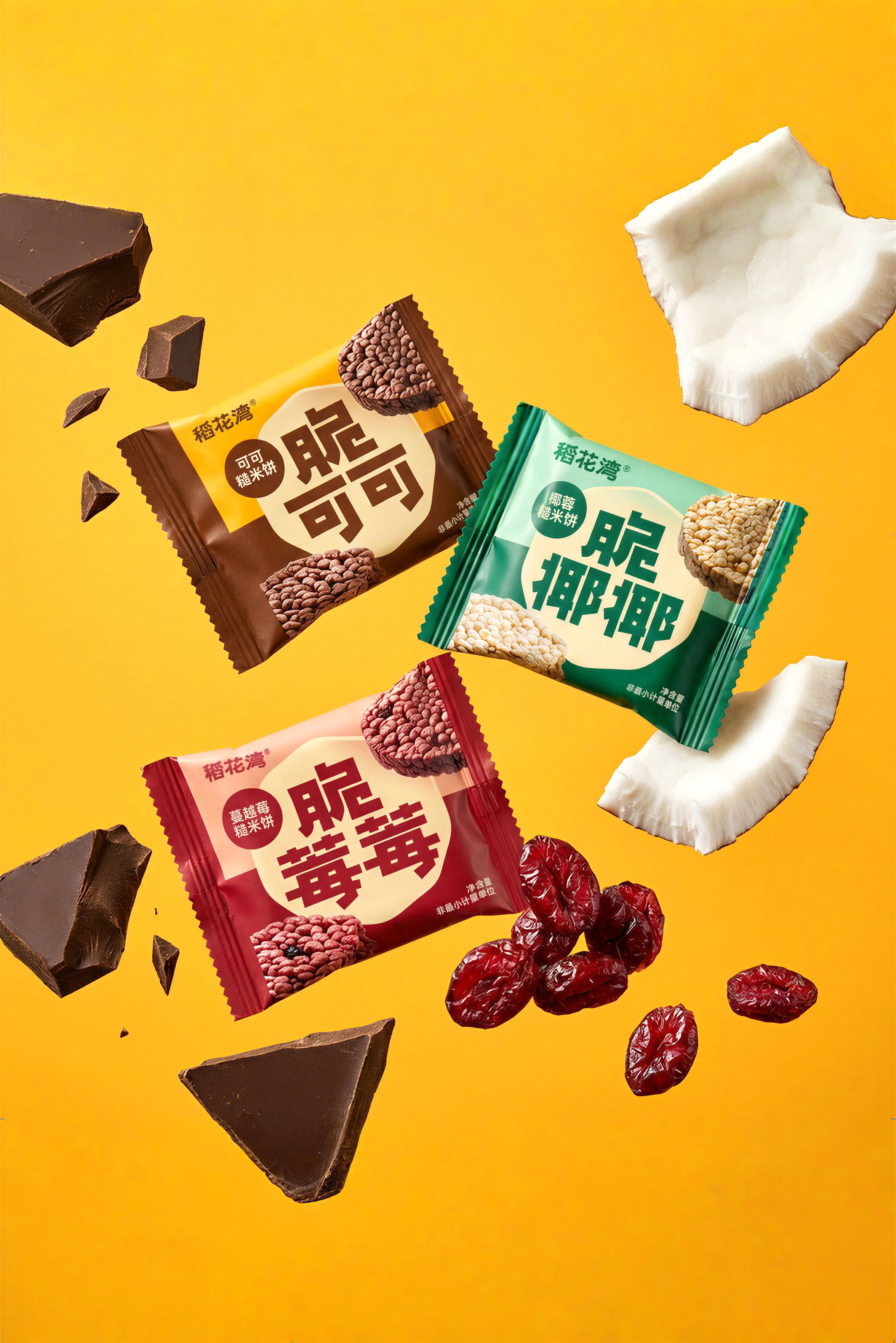 黄色背景中悬浮陈列的脆可可、脆椰椰与脆莓莓独立包装及对应食材