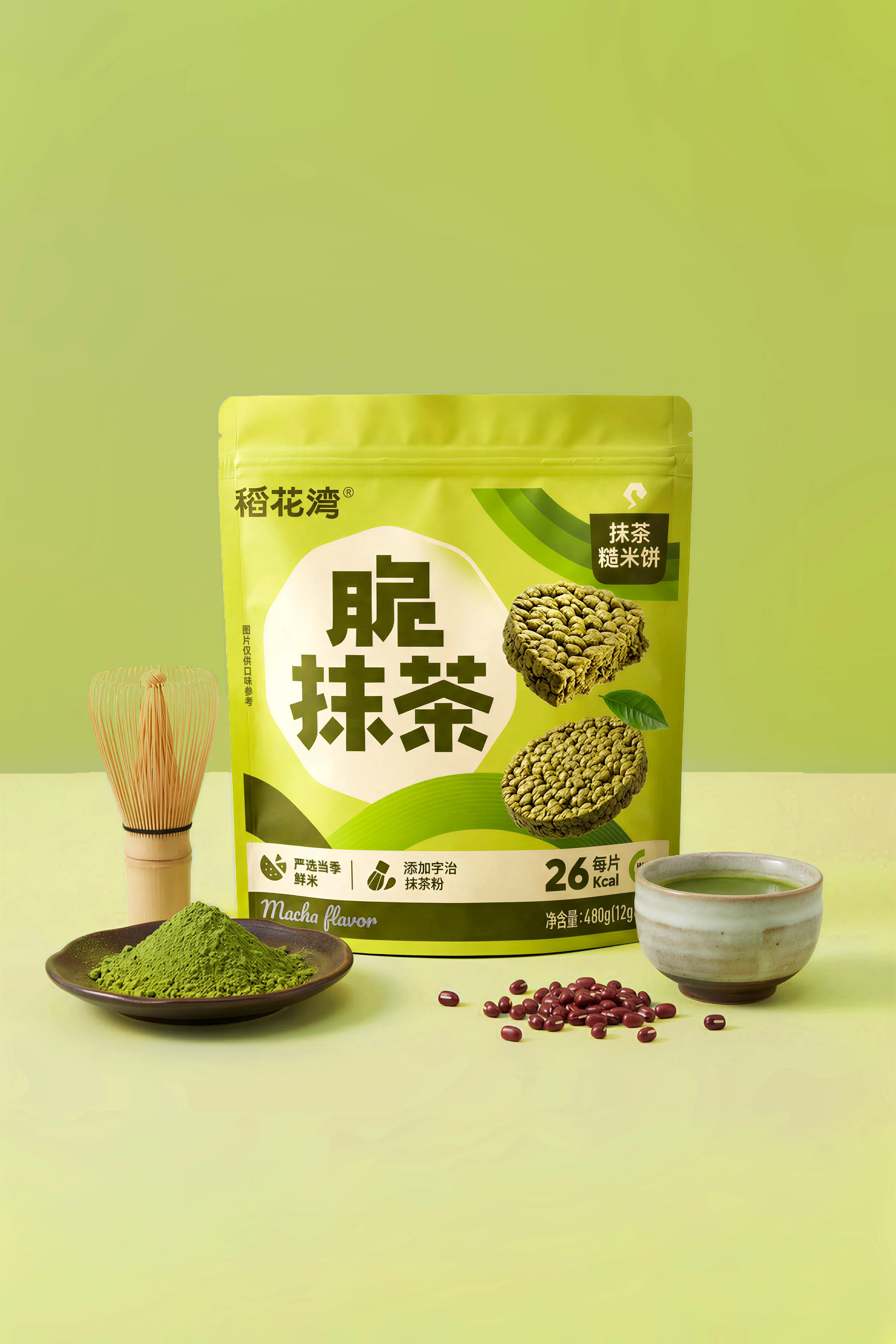 浅绿色背景中的稻花湾脆抹茶糙米饼大包装、抹茶粉与茶碗