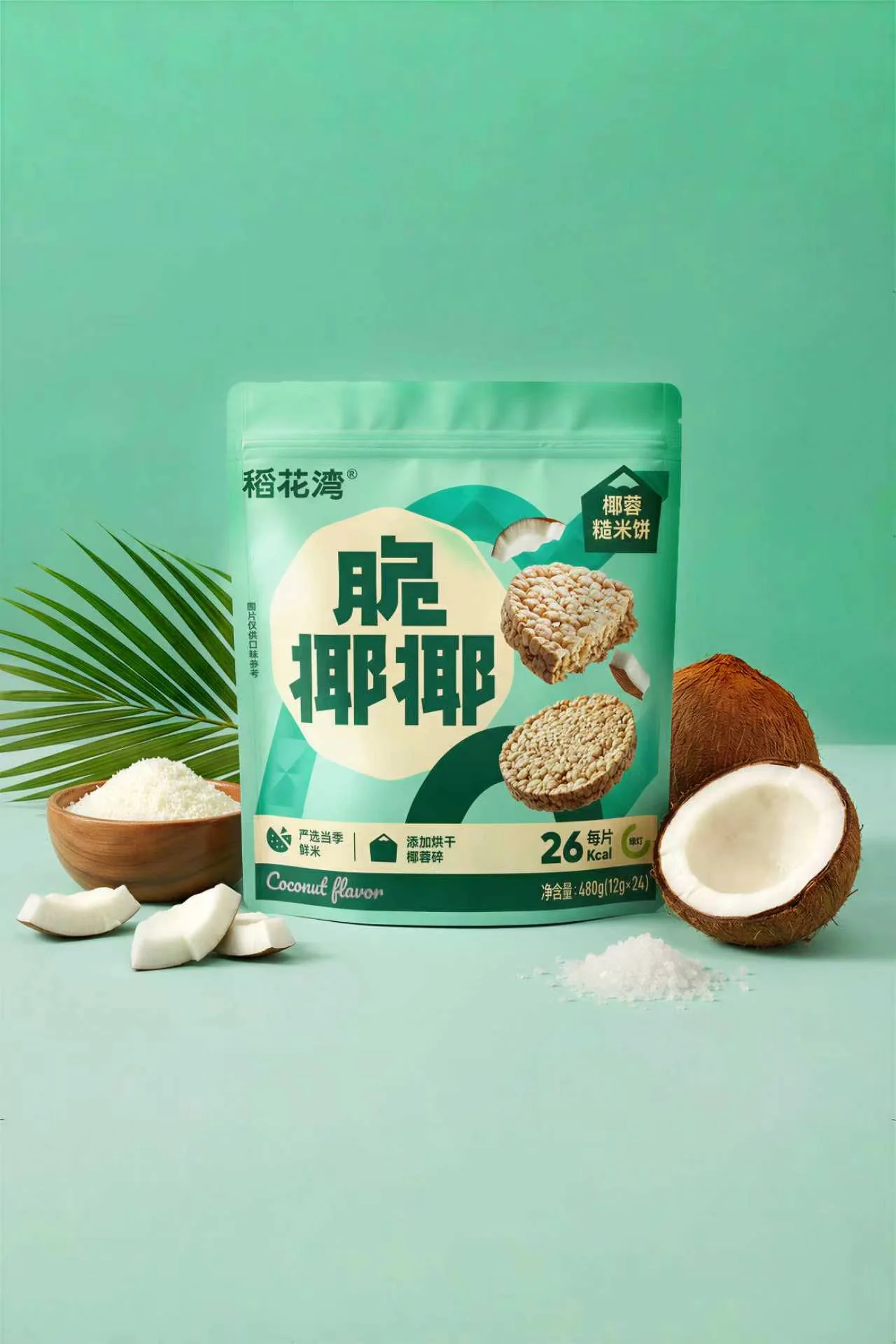 薄荷绿背景中的稻花湾脆椰椰糙米饼大包装、椰子与椰蓉