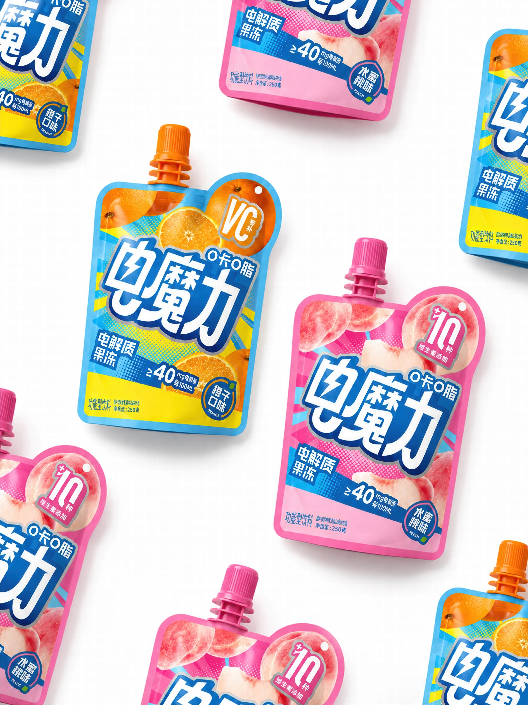 粉色背景中展示的水蜜桃味电解质吸吸冻包装与水果元素