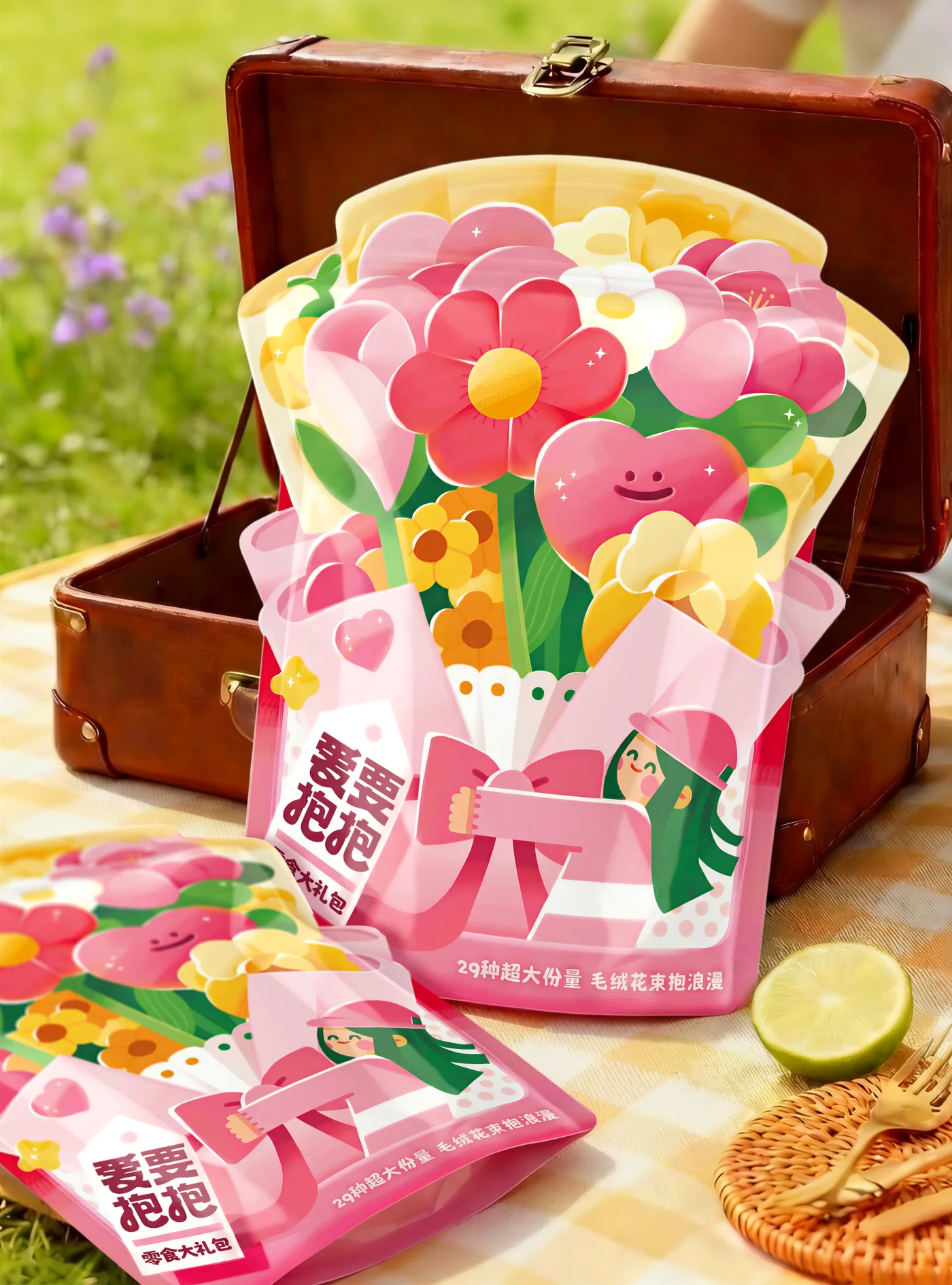 野餐箱旁陈列的爱要抱抱花束式零食礼包与独立小包装