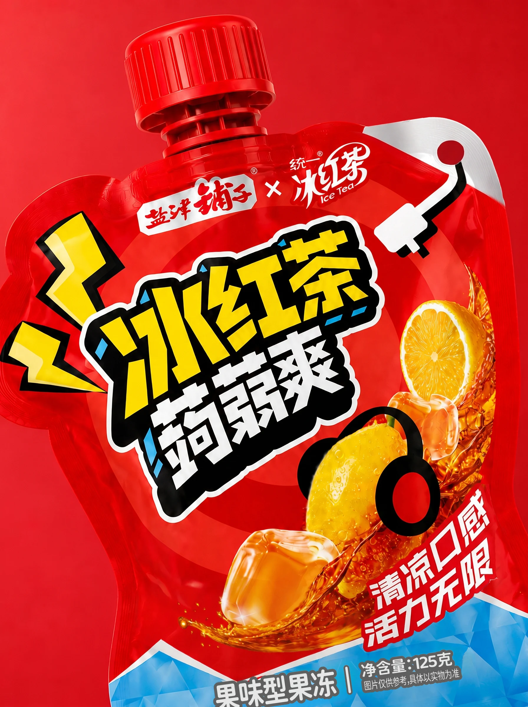 红色背景中并列展示的冰红茶蒟蒻爽果冻大袋与吸吸袋包装