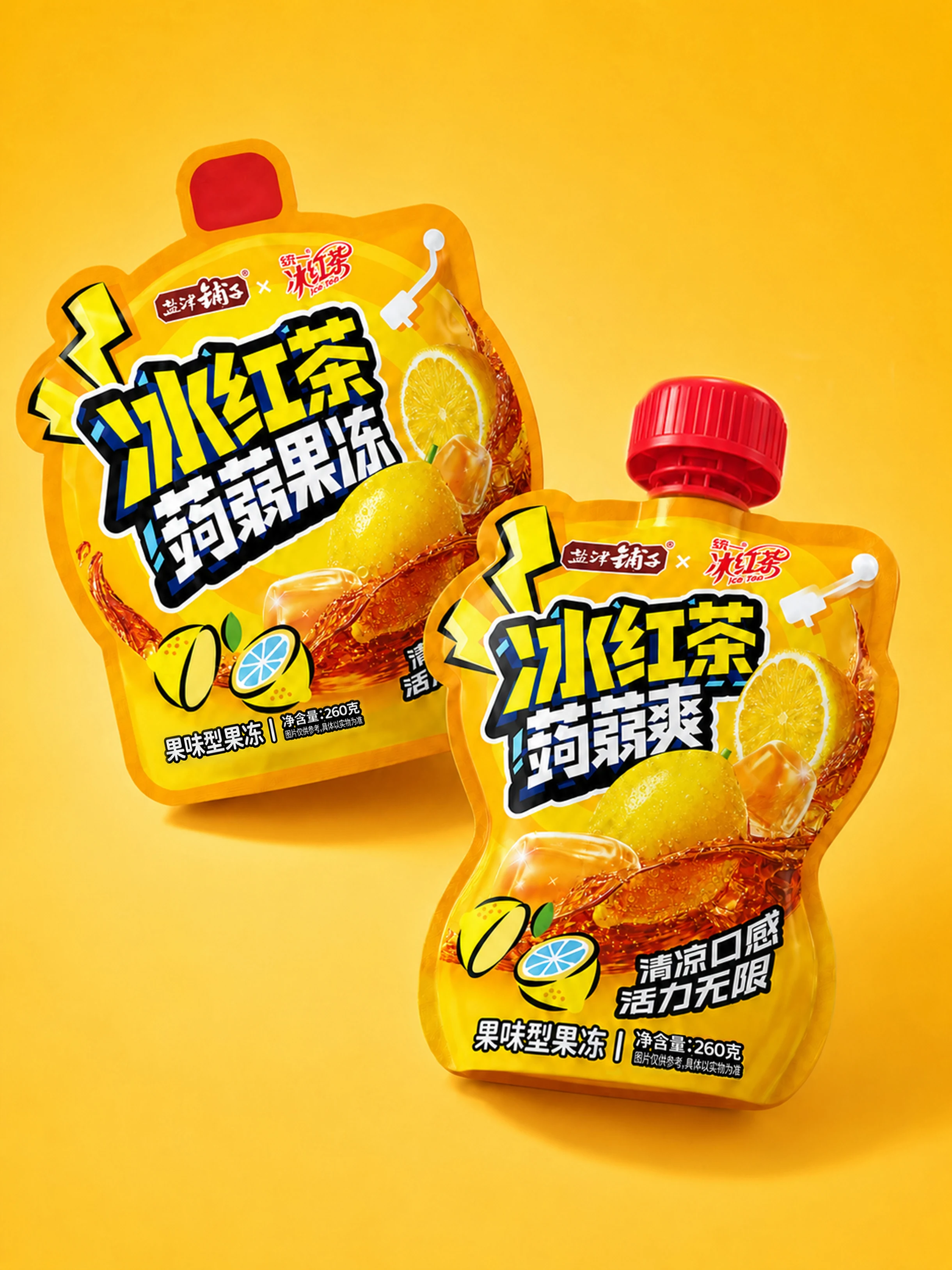 红色背景中靠近陈列的冰红茶蒟蒻爽果冻提手袋与吸吸袋包装