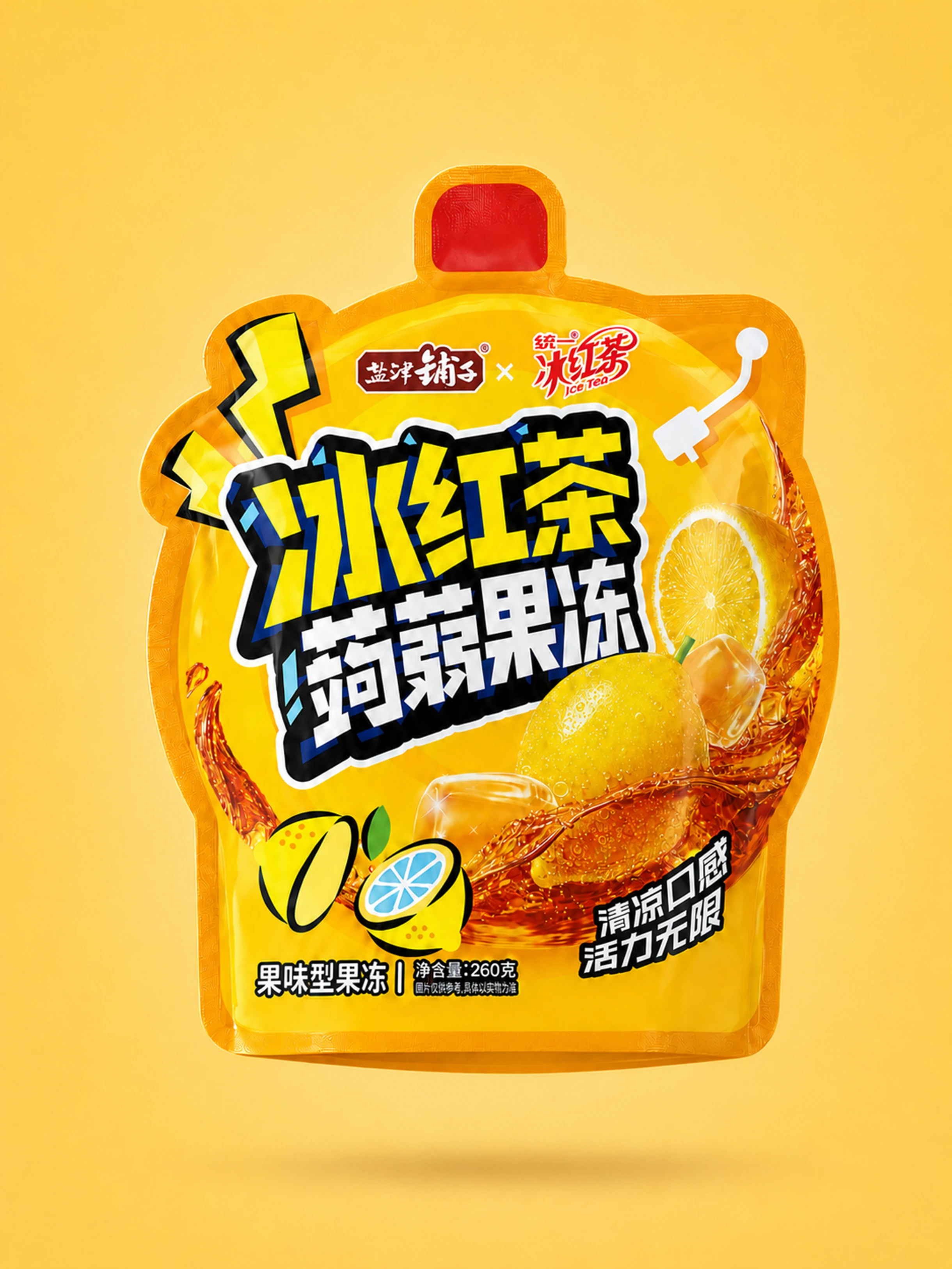 黄色背景中陈列的冰红茶蒟蒻爽果冻大袋与吸吸袋包装