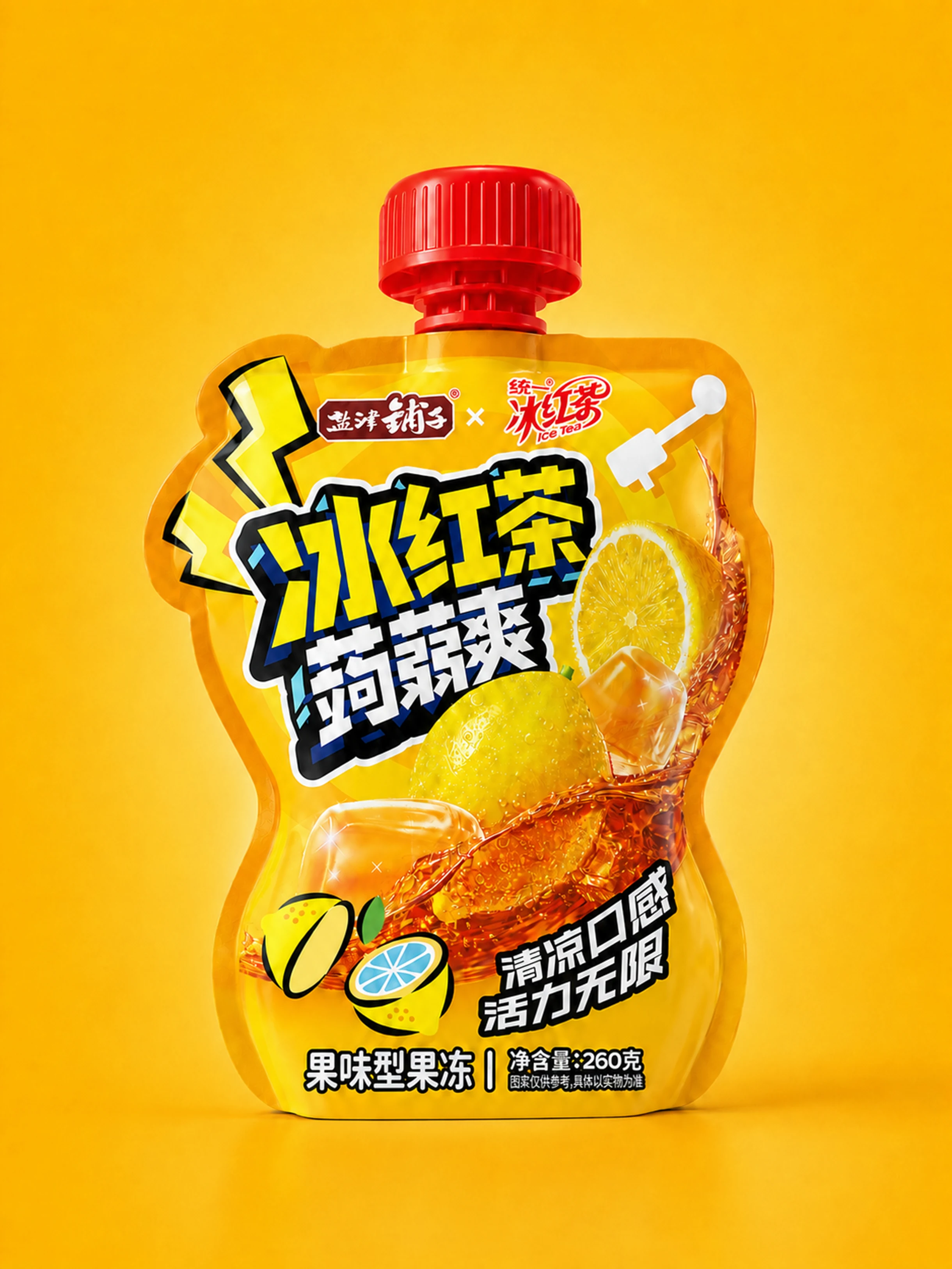 黄色背景中的冰红茶蒟蒻爽果冻吸吸袋正面展示
