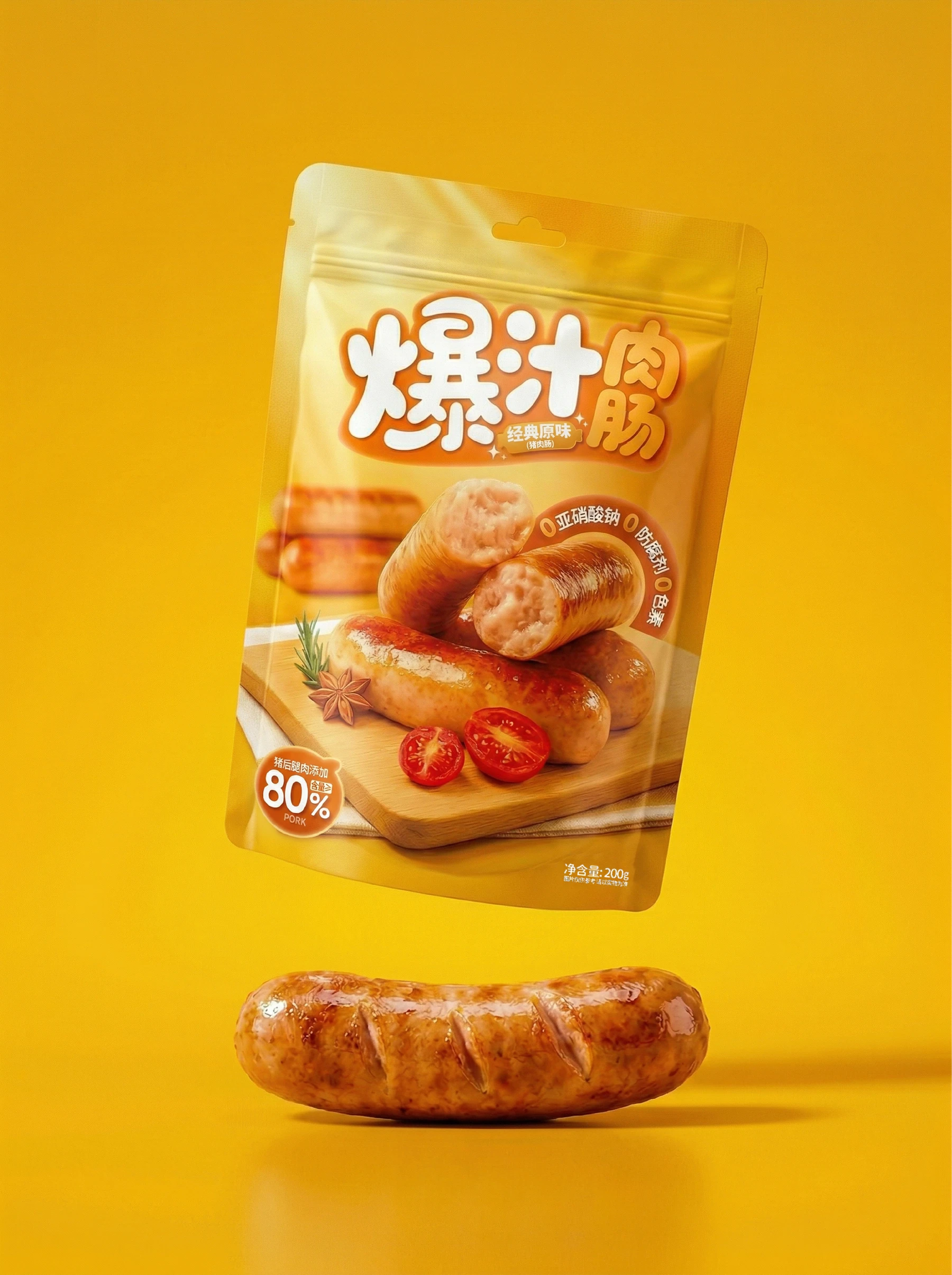 金黄色背景中的经典原味爆汁肉肠包装与肉肠切面