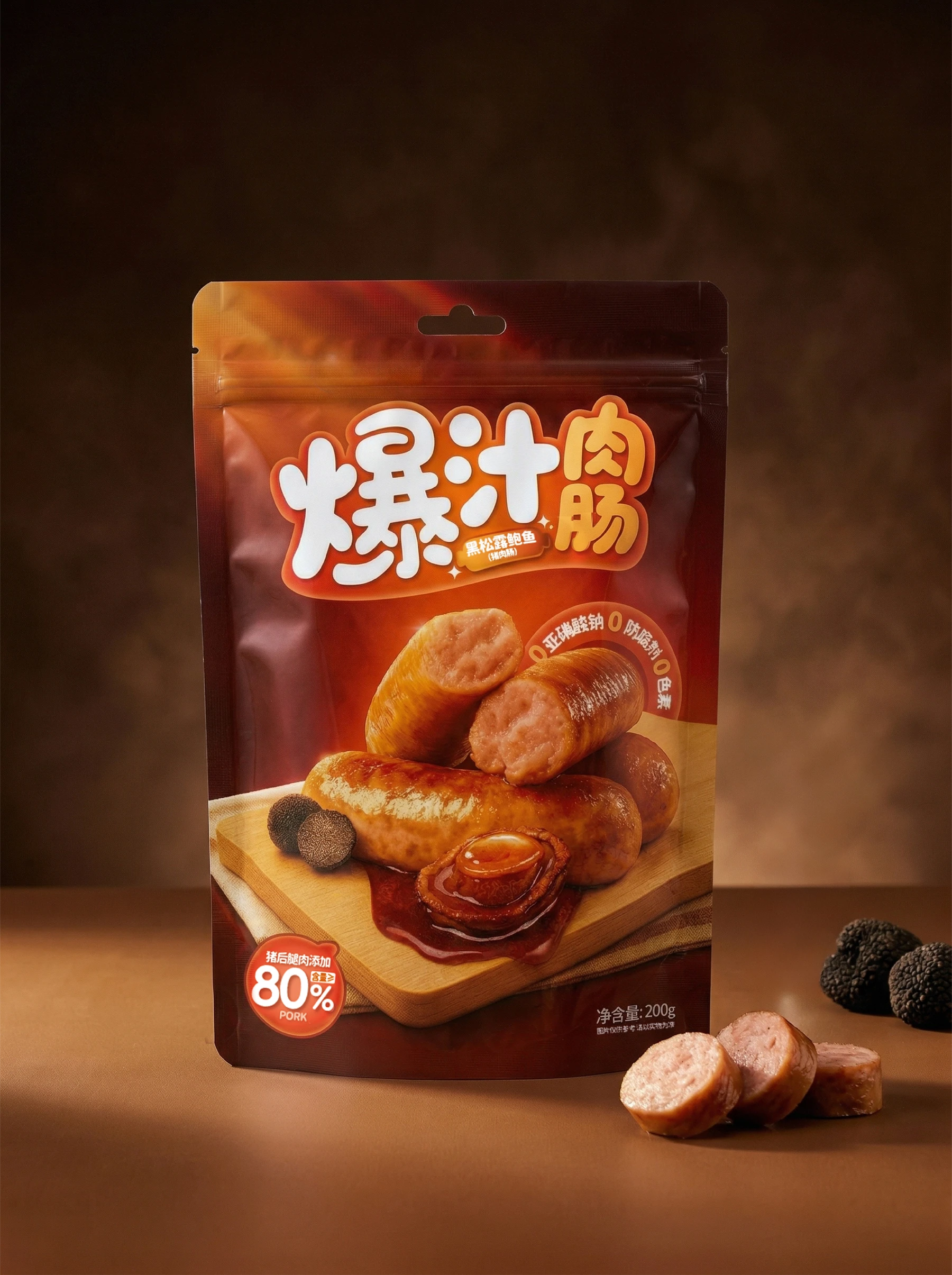 深棕色背景中的黑松露鲍鱼风味爆汁肉肠包装和食品组合