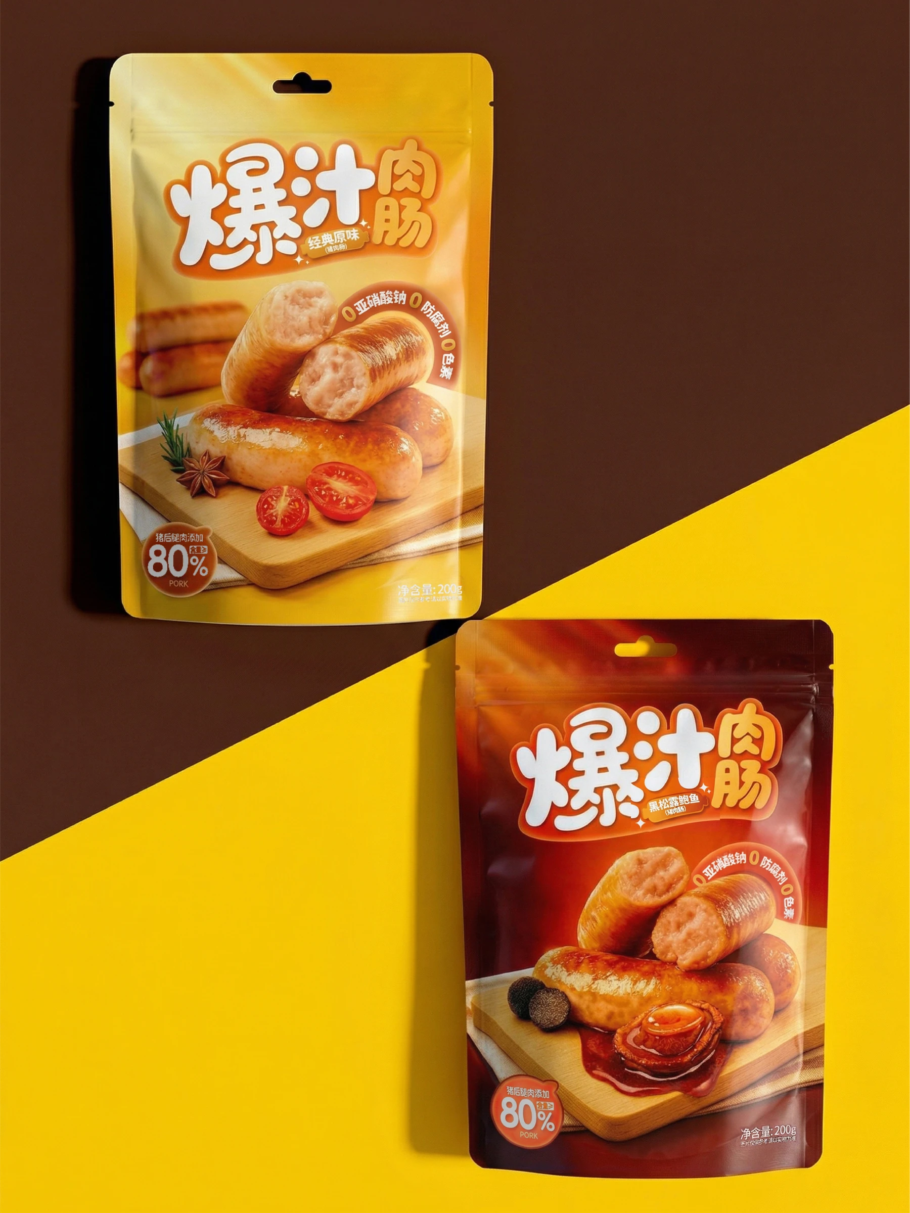 黄色与棕色分区背景中展示的两款爆汁肉肠包装