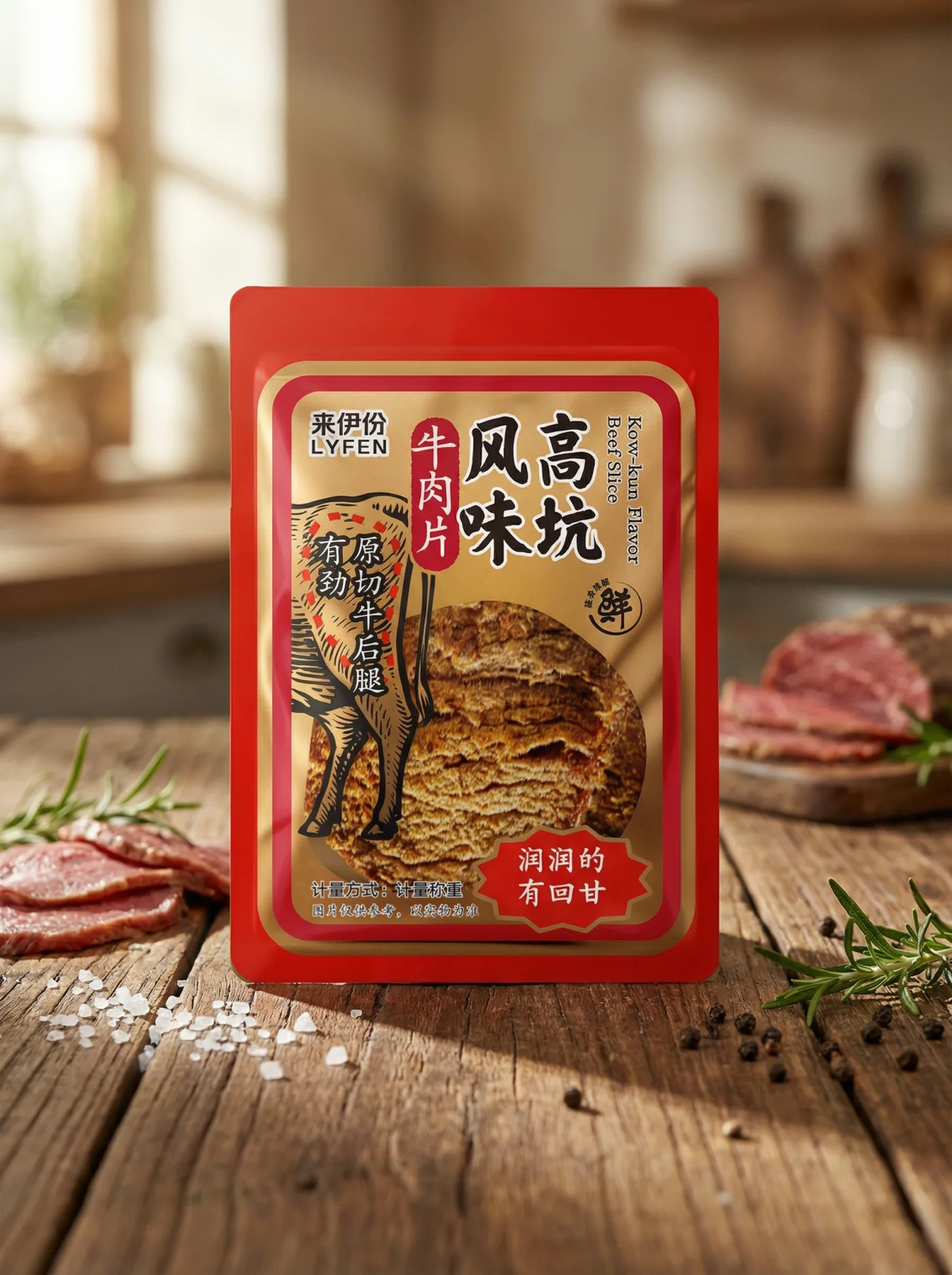 木桌场景中的来伊份高坑风味牛肉片包装