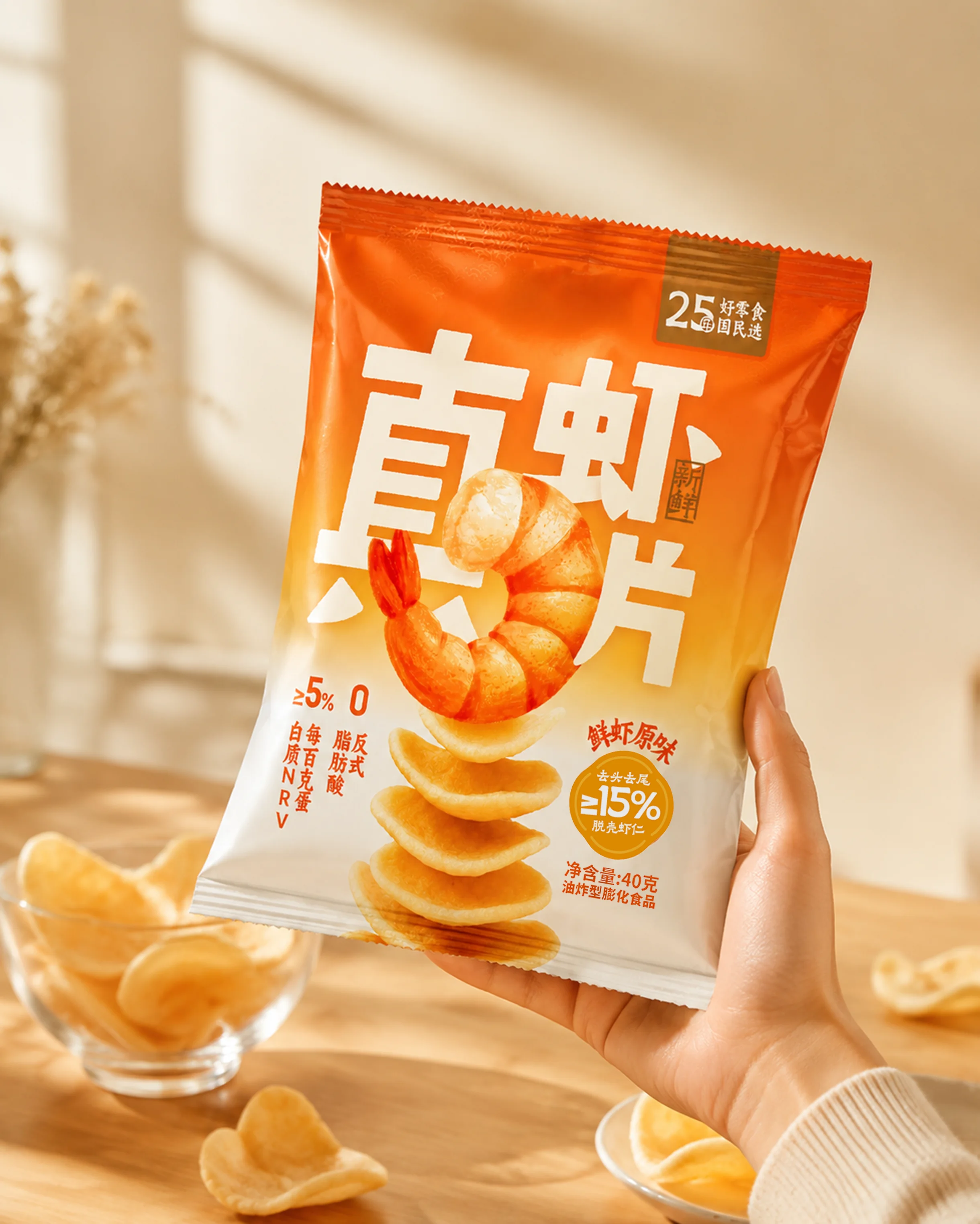 暖橙背景中竖立展示的橙白色真虾片包装,前景有整只虾