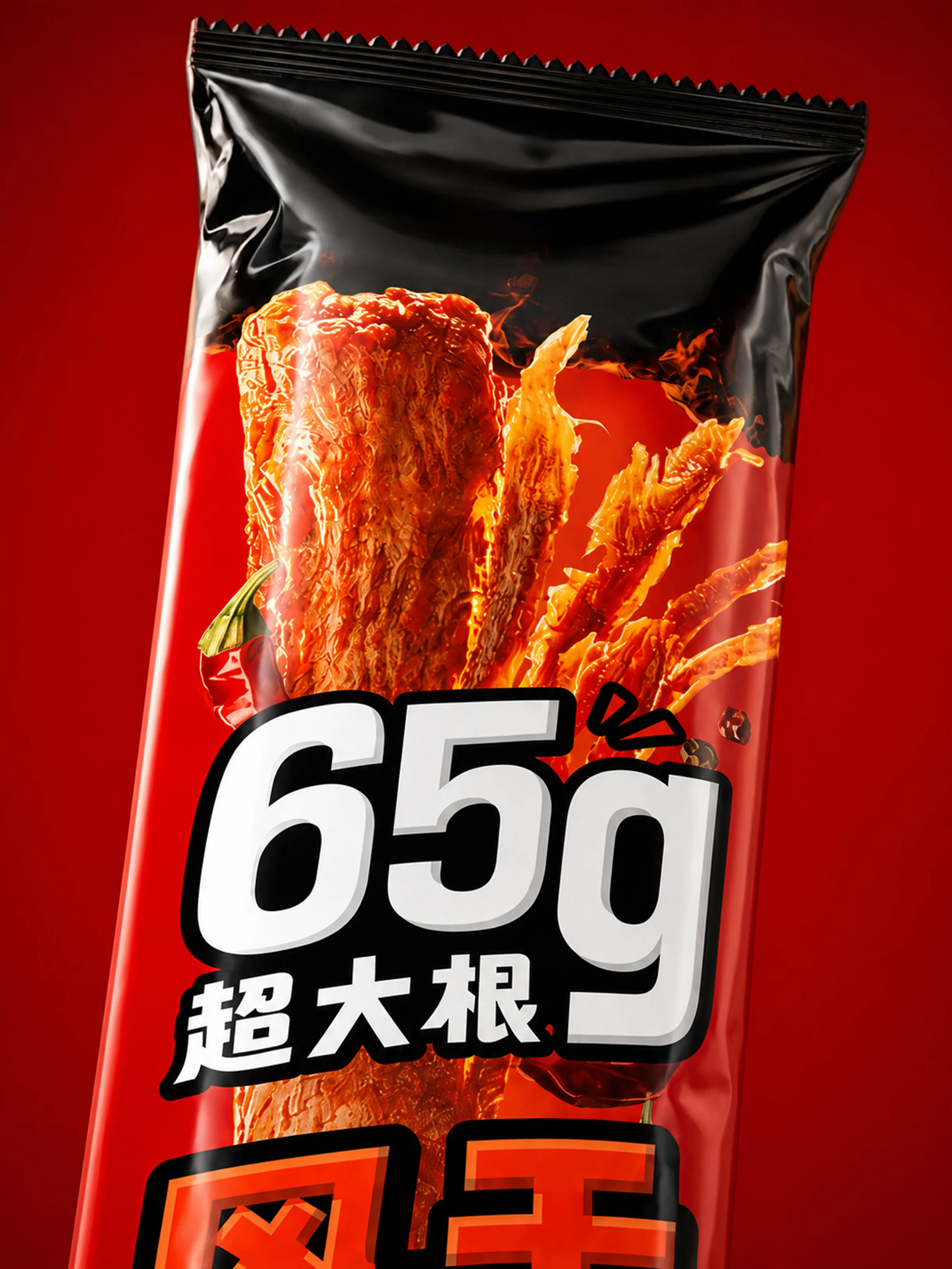 暗红背景中的红色65g超大根香辣味鸭脖包装近景