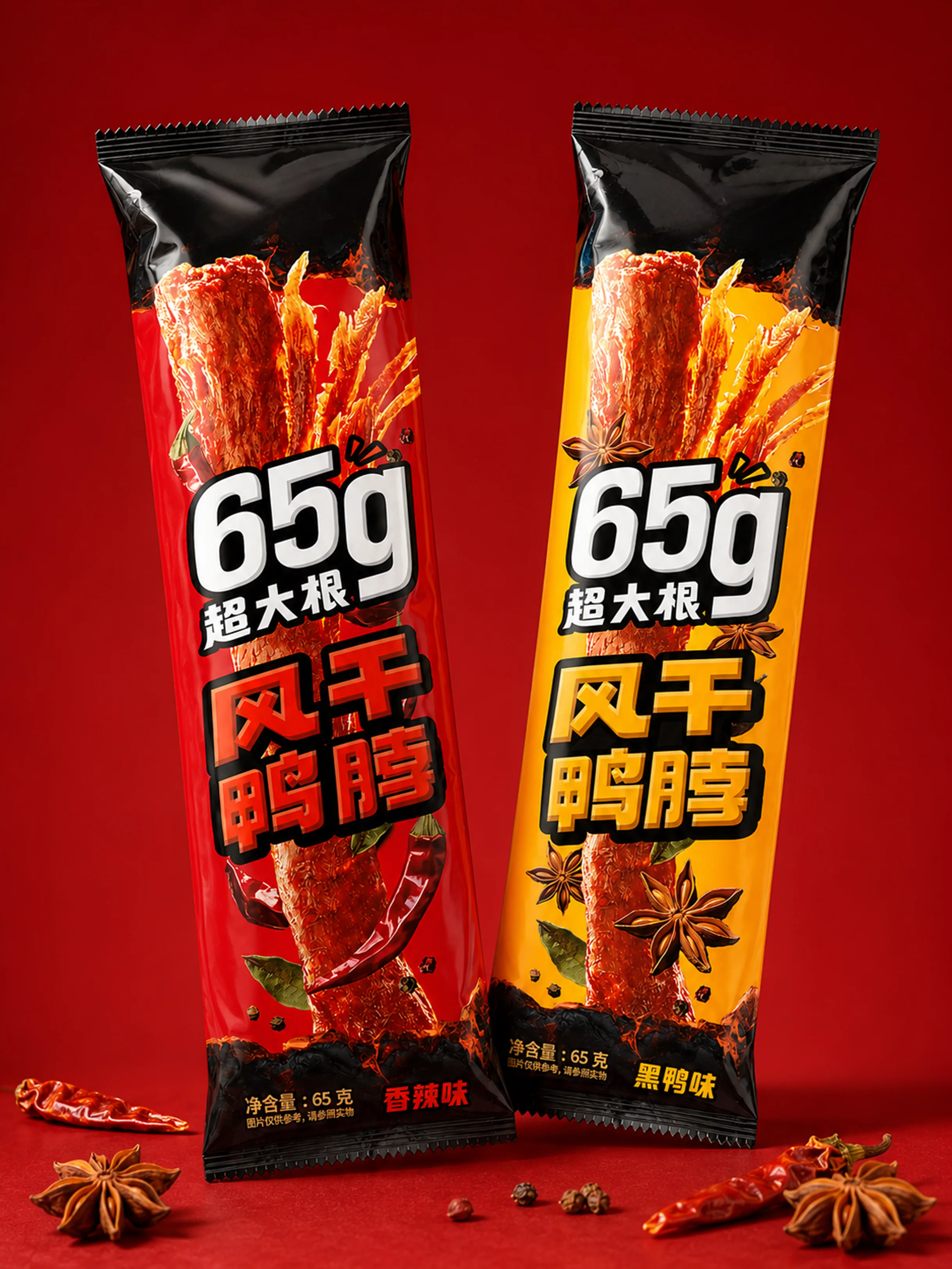 木桌上摆放的红色香辣味与黄色黑鸭味65g超大根鸭脖包装