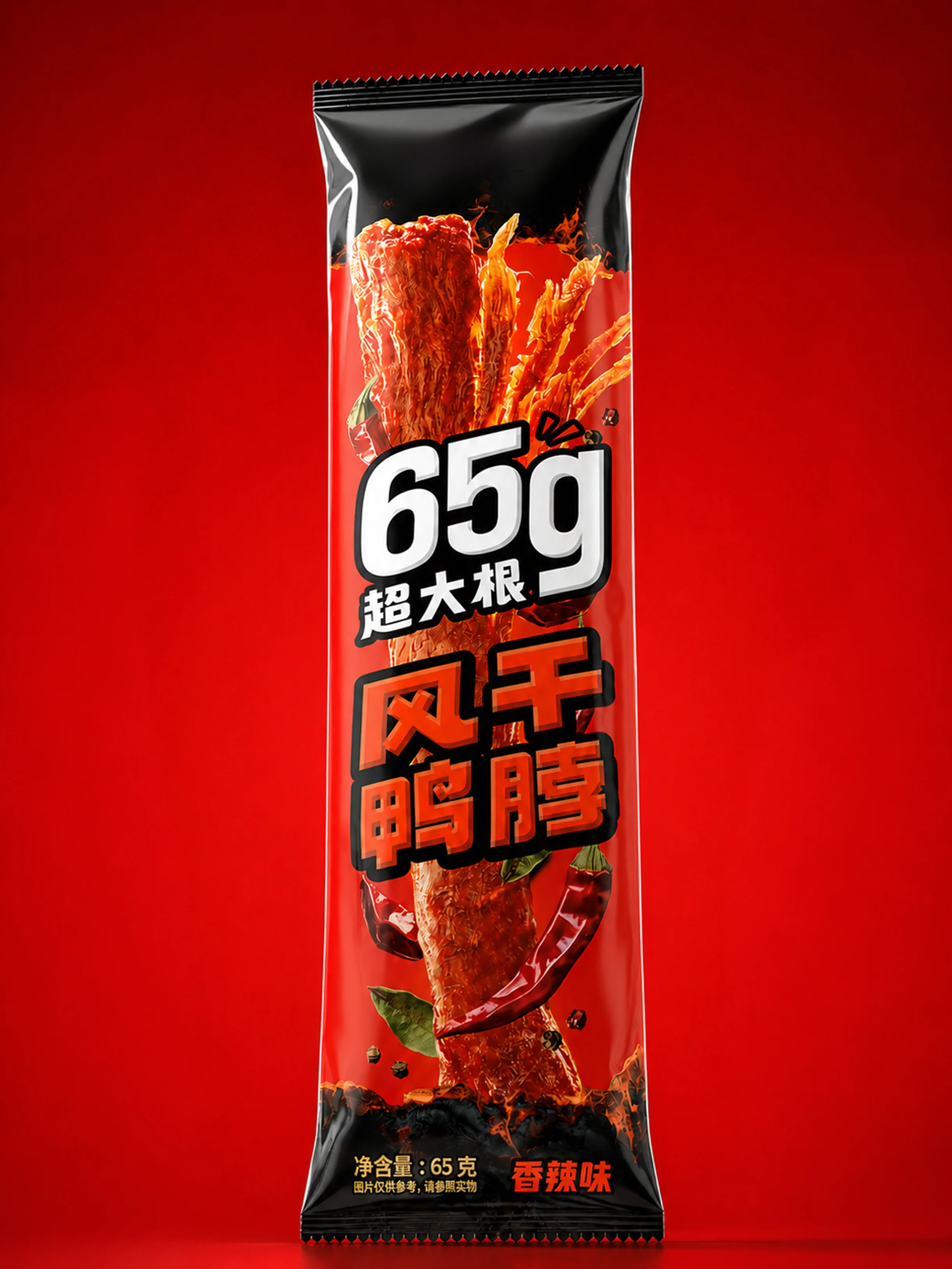 红色背景中正面展示的红色65g超大根香辣味鸭脖包装