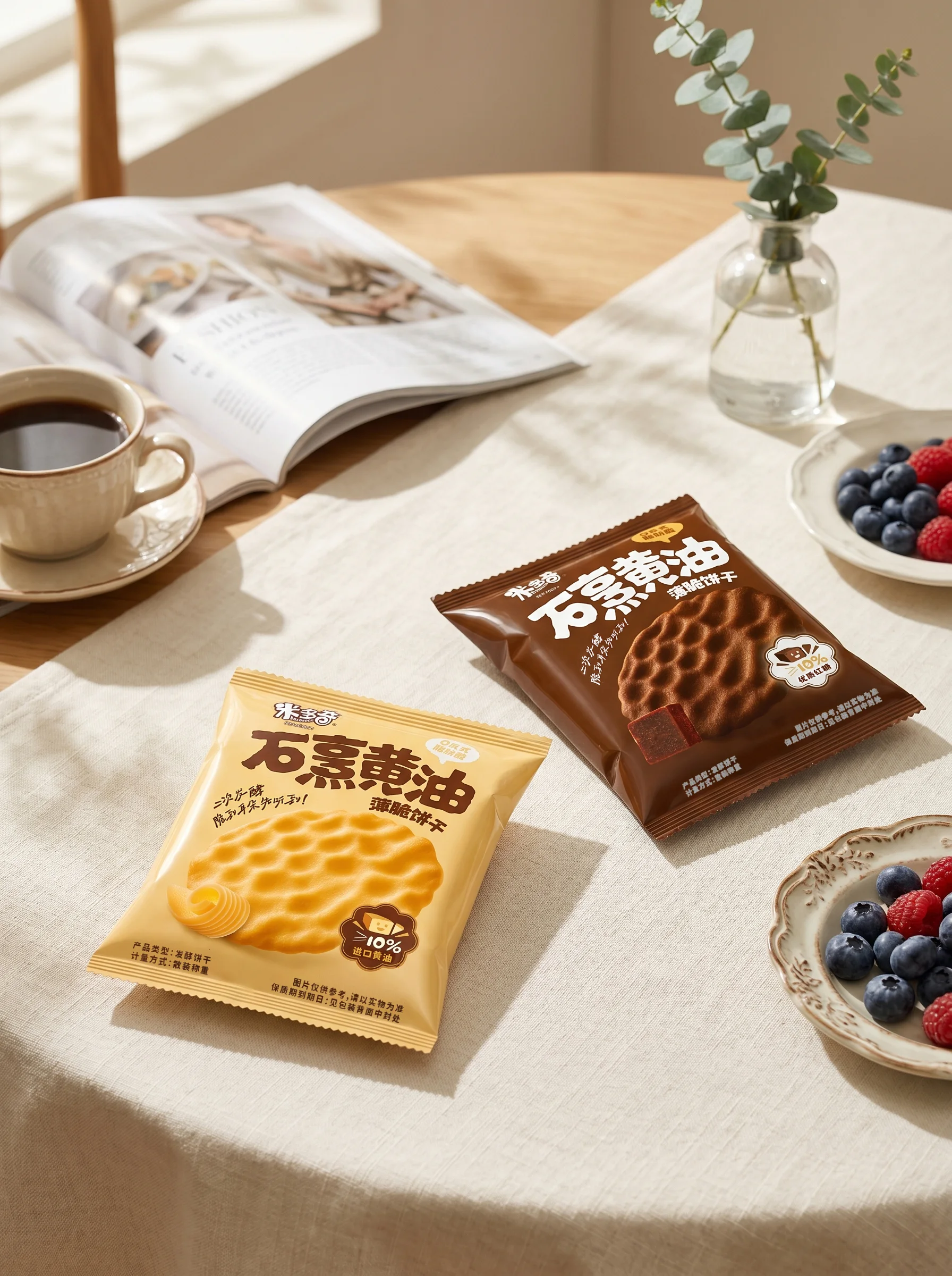 日光餐桌上摆放的米多奇石烹黄油与石烹红糖薄脆饼干包装