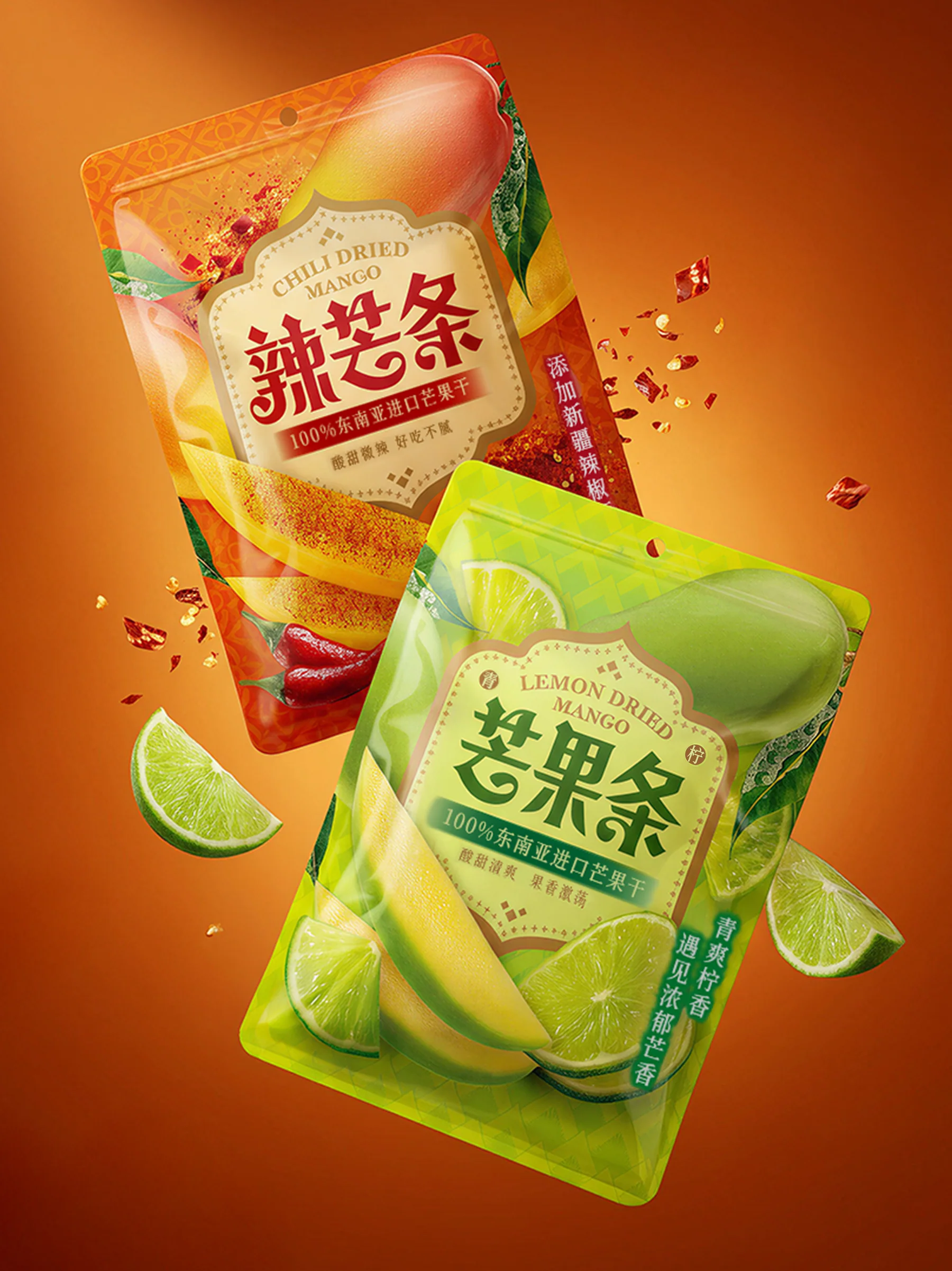 香辣芒果条与青柠芒果条两款包装组合画面