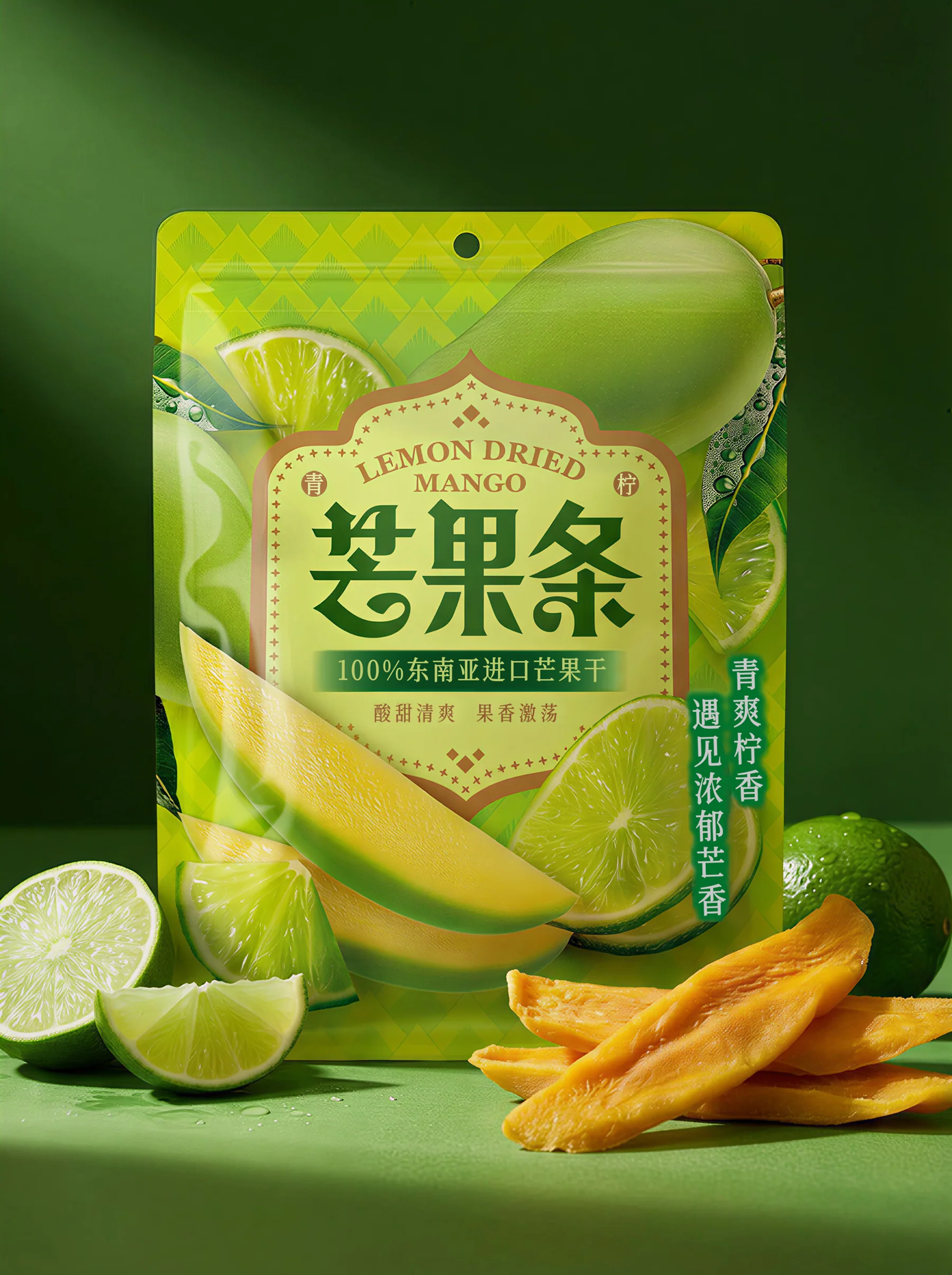 绿色背景上的青柠芒果条包装与青柠果片