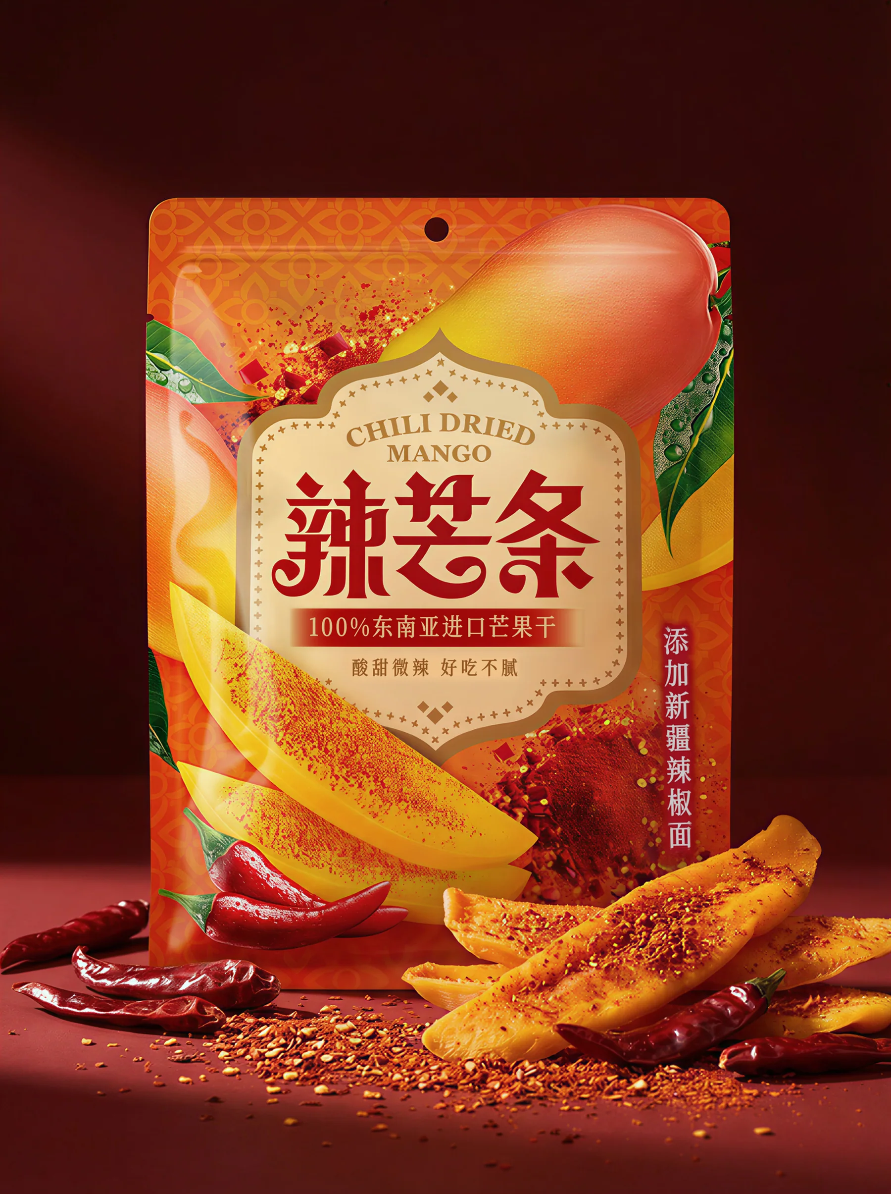 暖橙背景上的香辣芒果条包装与辣椒、芒果切片