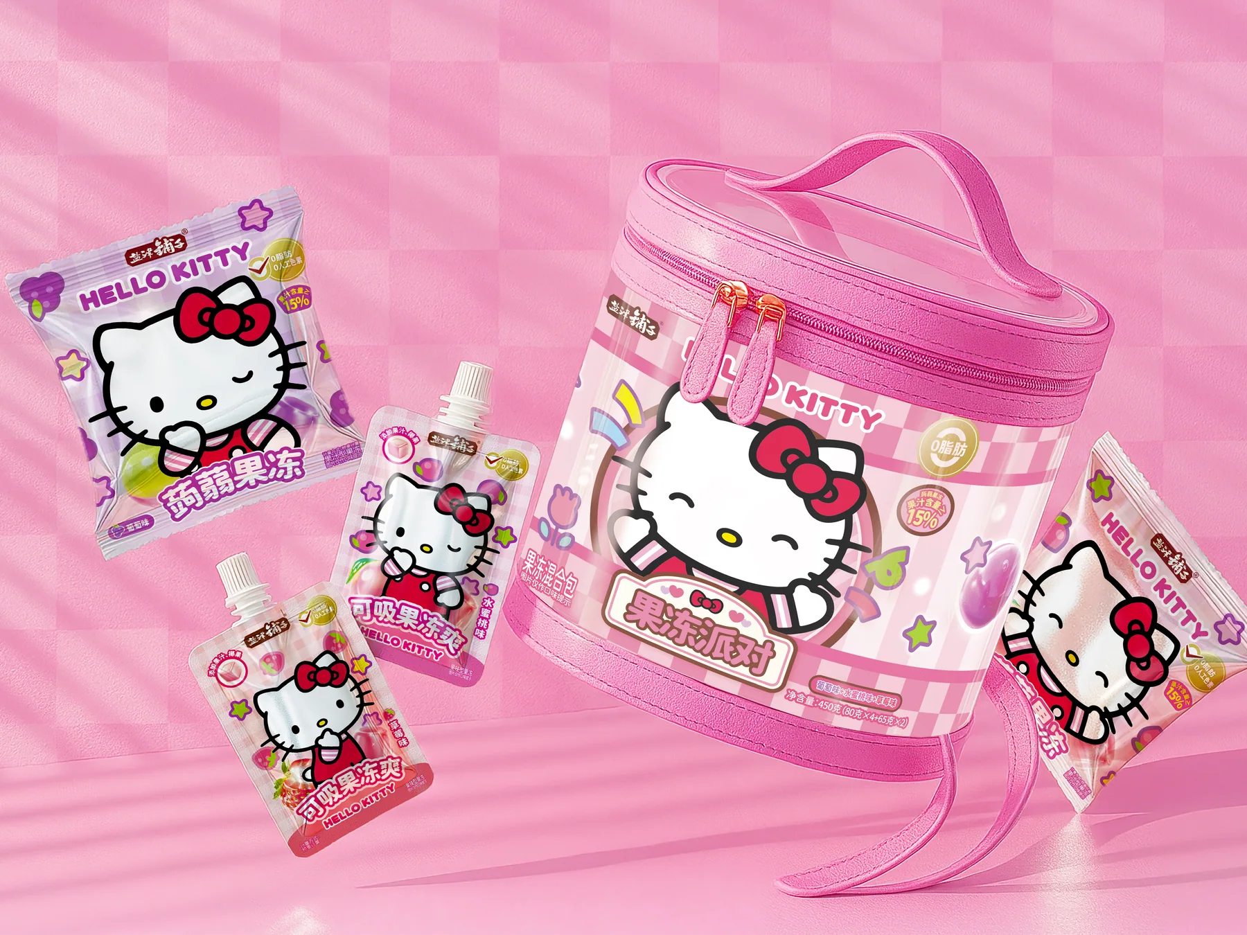 粉色背景中的盐津铺子 Hello Kitty 果冻小书包与果冻单包